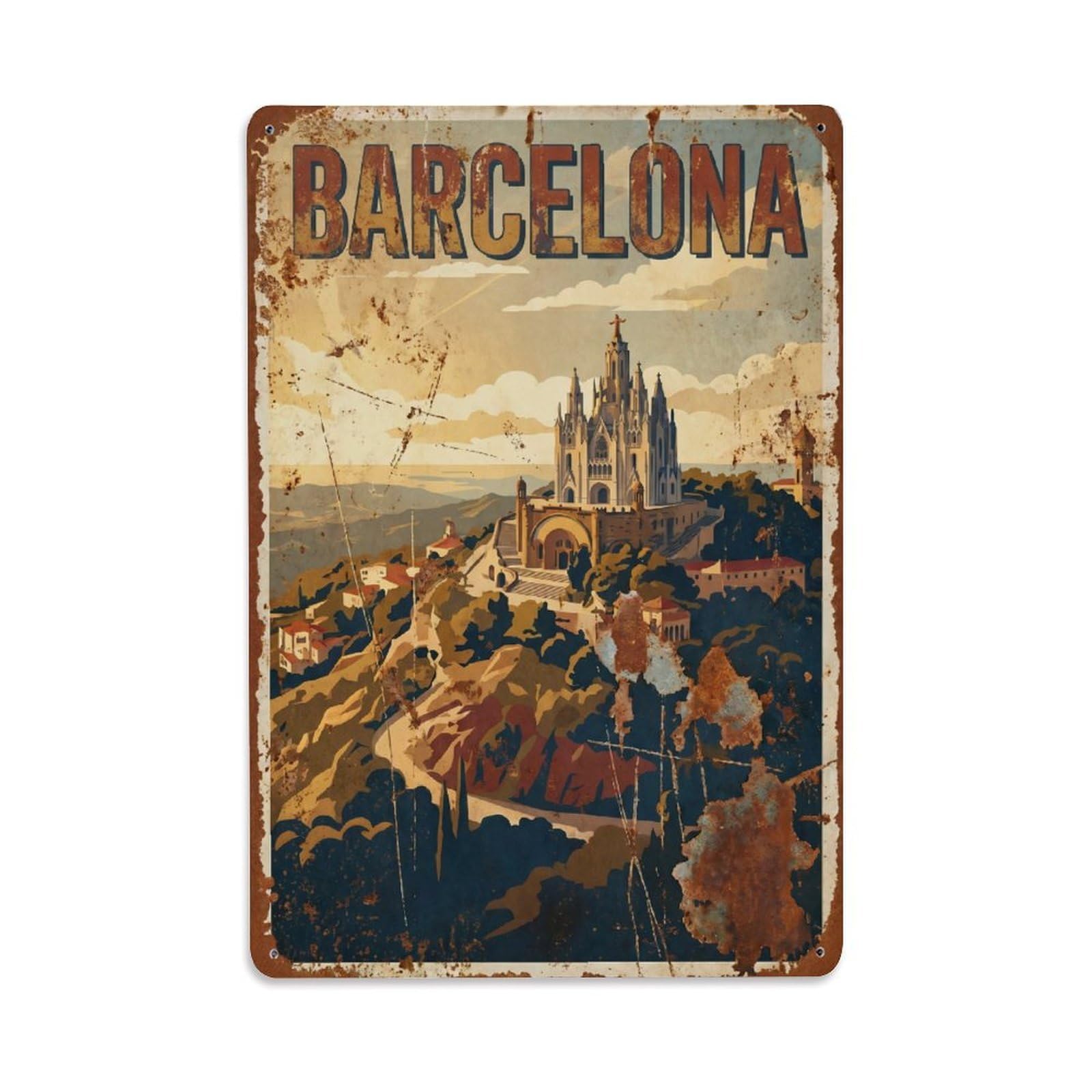 Vintage Travel Tibidabo Spain Mountain Metal Tin Sign