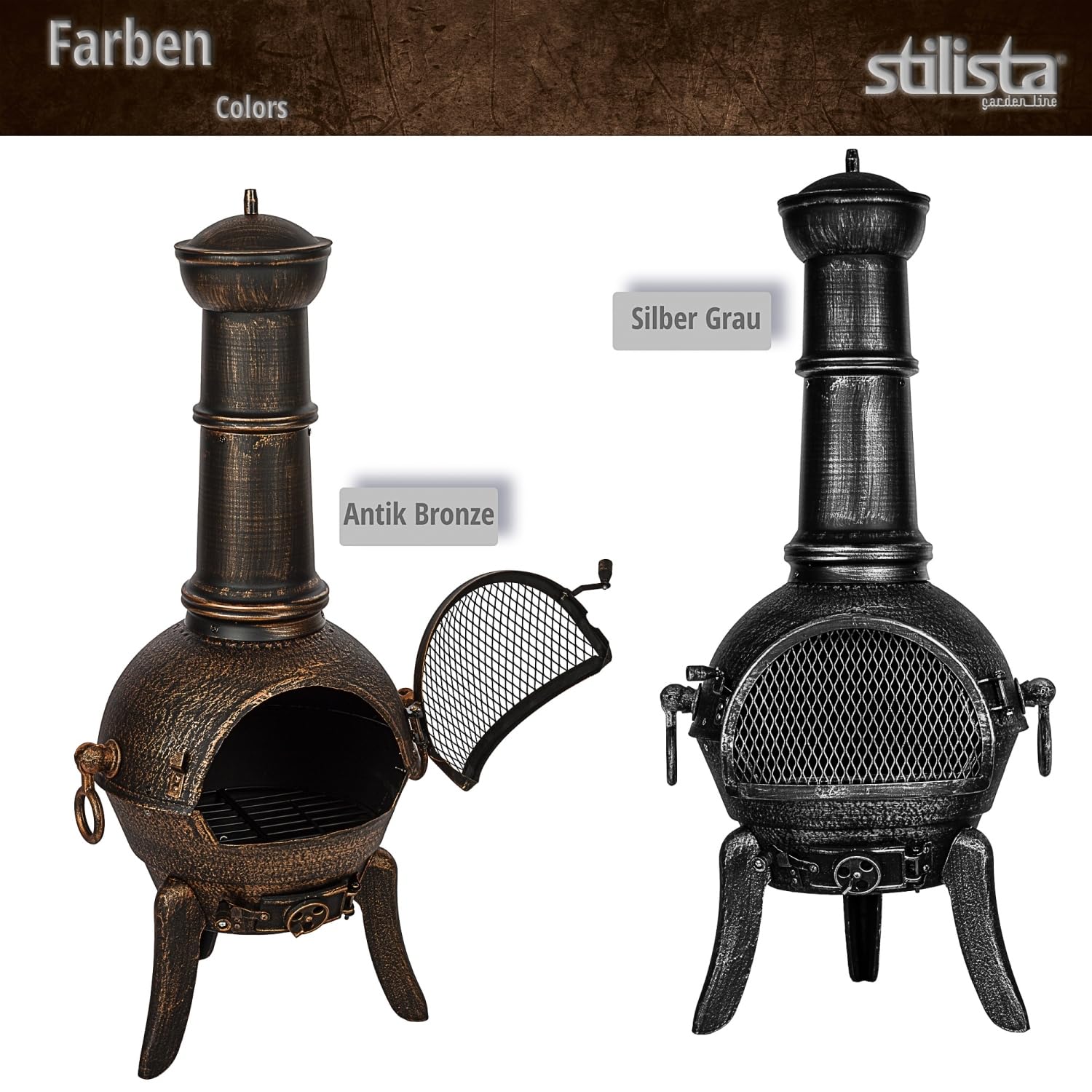 STILISTA Terrassenofen 112 cm aus Gusseisen mit Funkenschutz und Schürhaken, Antik Bronze