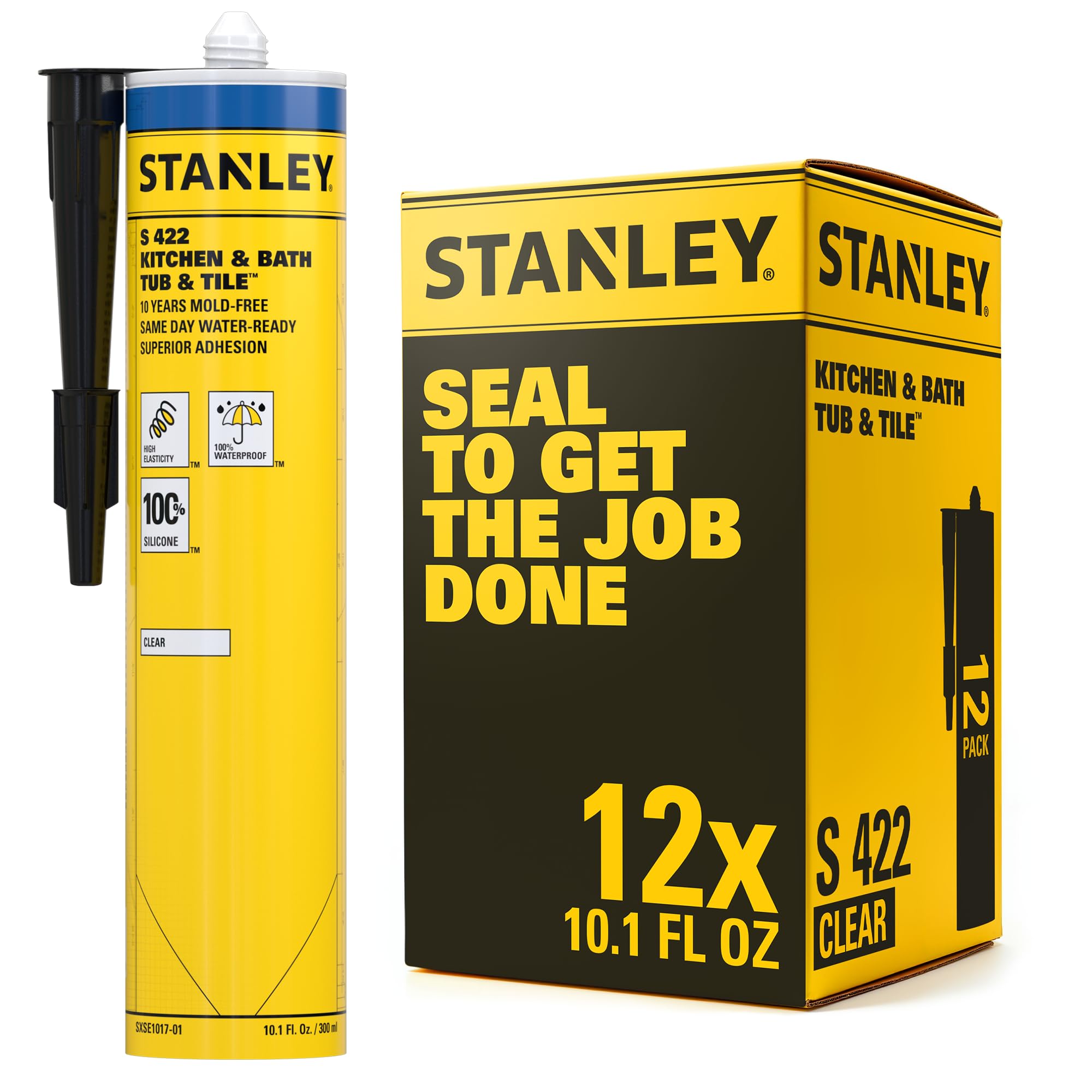 Stanley S422 Kitchen & Bathroom 100% Silicone Caulk - 12X10.1 fl. oz. Clear, 100% Waterproof Sealant and Adhesive for Kitchen and Bathroom, Bathtub,
