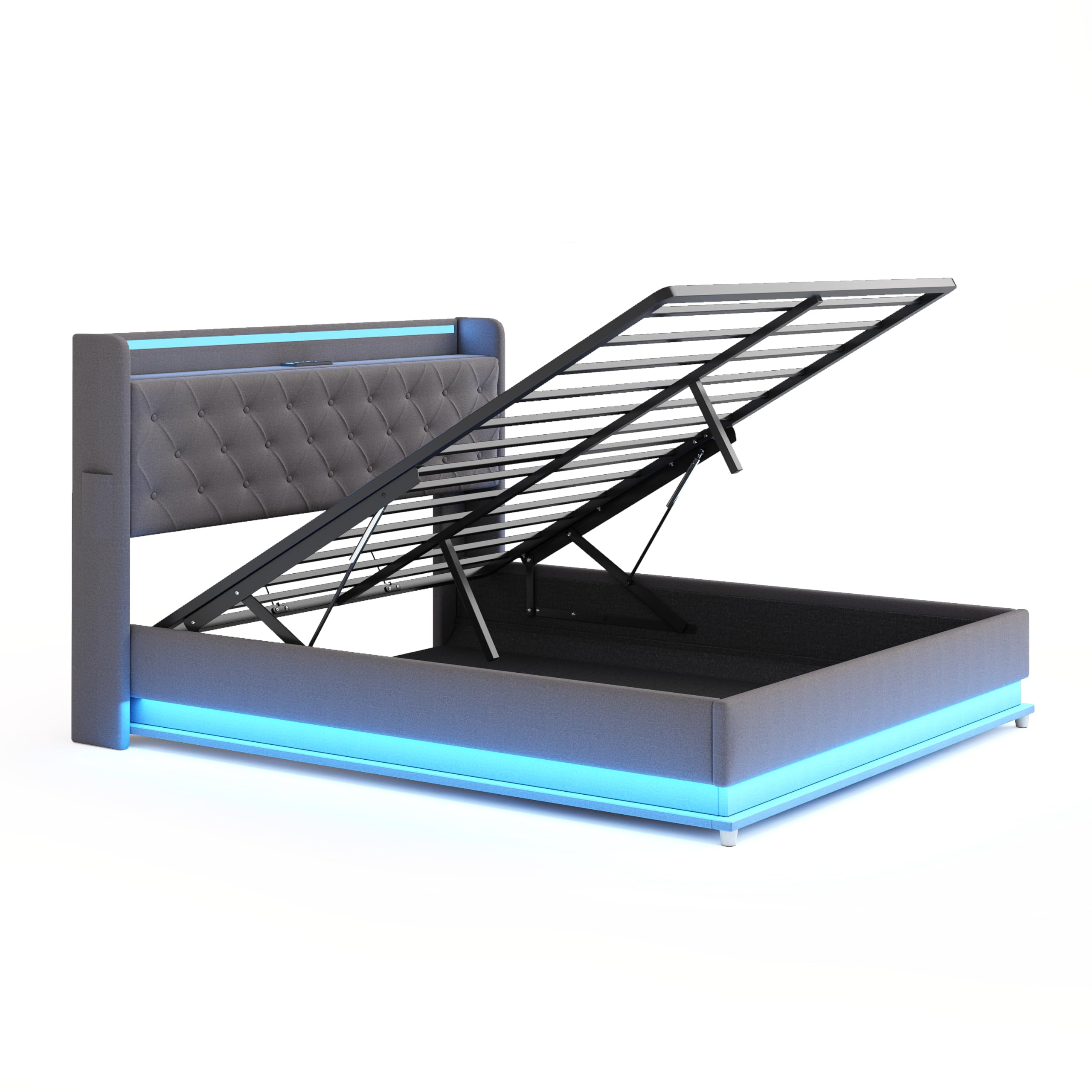 Cama Matrimonio 160x200 cm, Cama Tapizada con USB y Iluminación LED, Estructura Cama Doble con Almacenaje Hidráulica, Camas Matrimoniales con Láminas de Metálicas, Lino, Gris, Sin Colchón