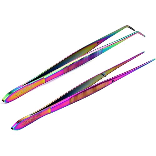 O'Creme Multicolored Stainless Steel Precision Kitchen Culinary Fine-Tip Tweezer Tongs, 1 with Curved Tip and 1 with Straight Tip