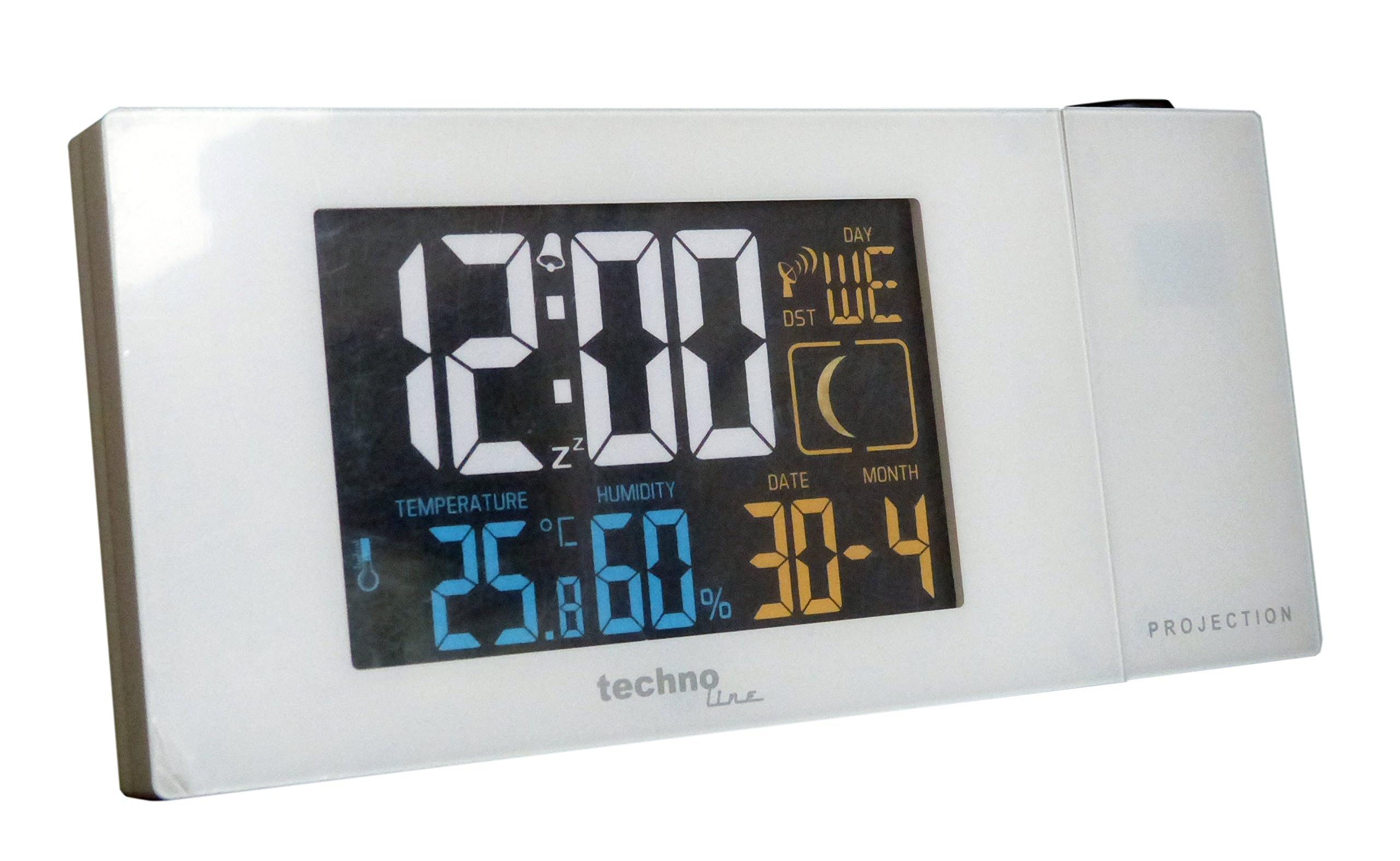 Technoline WT 537 Réveil Radio-piloté avec Projection et Affichage de la température et de l'humidité de l'air, Blanc, 16,5 x 5,6 x 7,5 cm