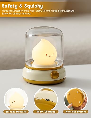 Miniatura 5 de Lámpara de noche sin llama tipo vela, adorable, luz LED, estilo lámpara de queroseno, con luz ámbar y llama de silicona, recargable, regulable para