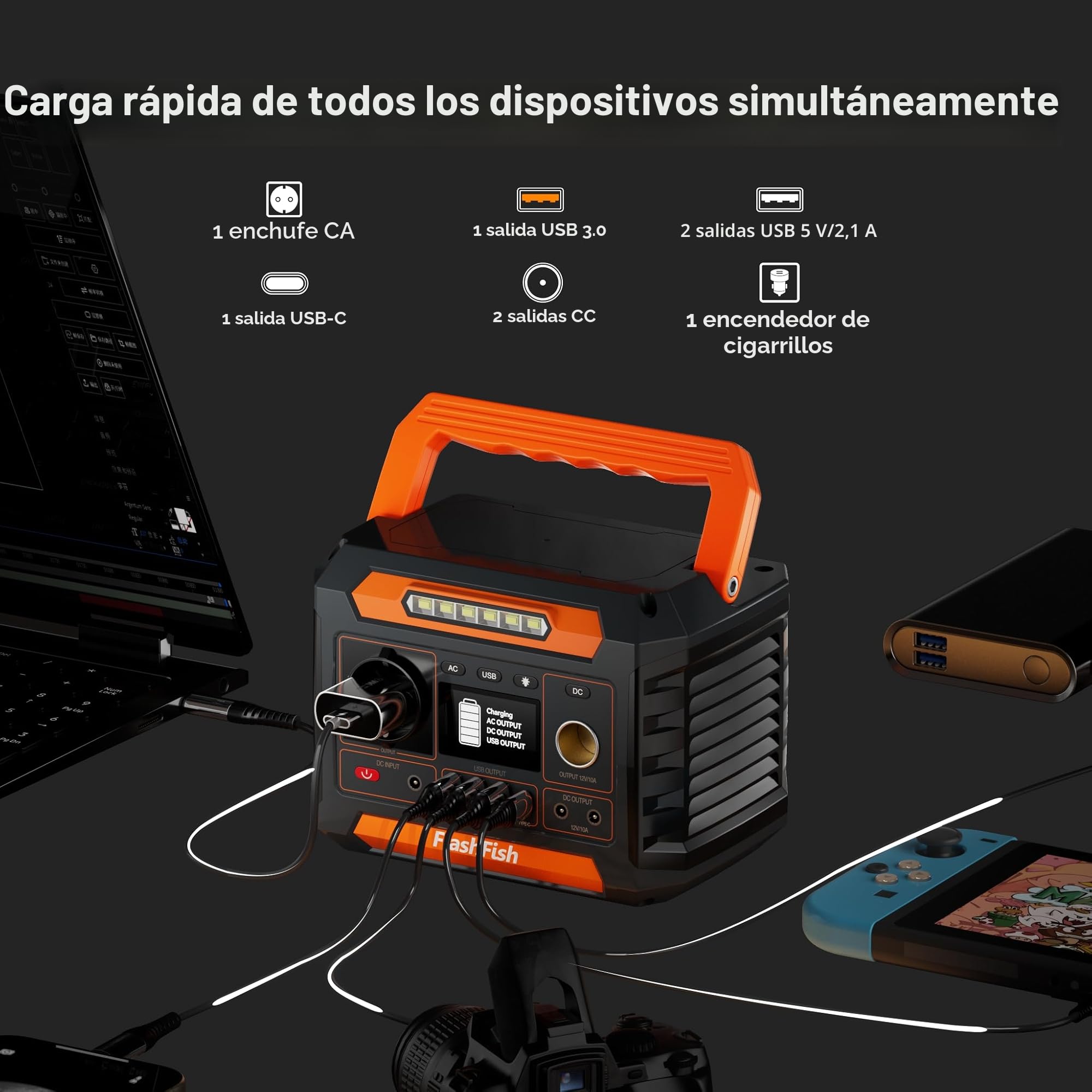 Estación de energía portátil FlashFish de 144,3 Wh con panel solar de 60 W, generador solar de 200 W con iluminación de 230 V AC/tipo C/LED, batería de repuesto para camping, viajes y energía de