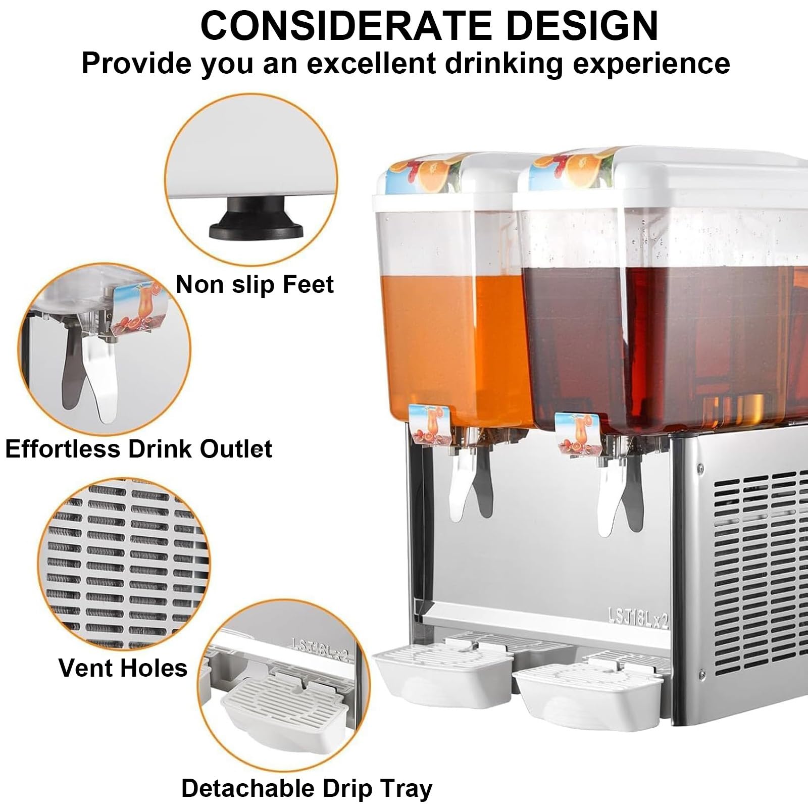 Dispensador de bebidas, dispensador de jugo refrigerado de acero inoxidable de 18 L para restaurantes, barras de jugo, uso doméstico, 280 W
