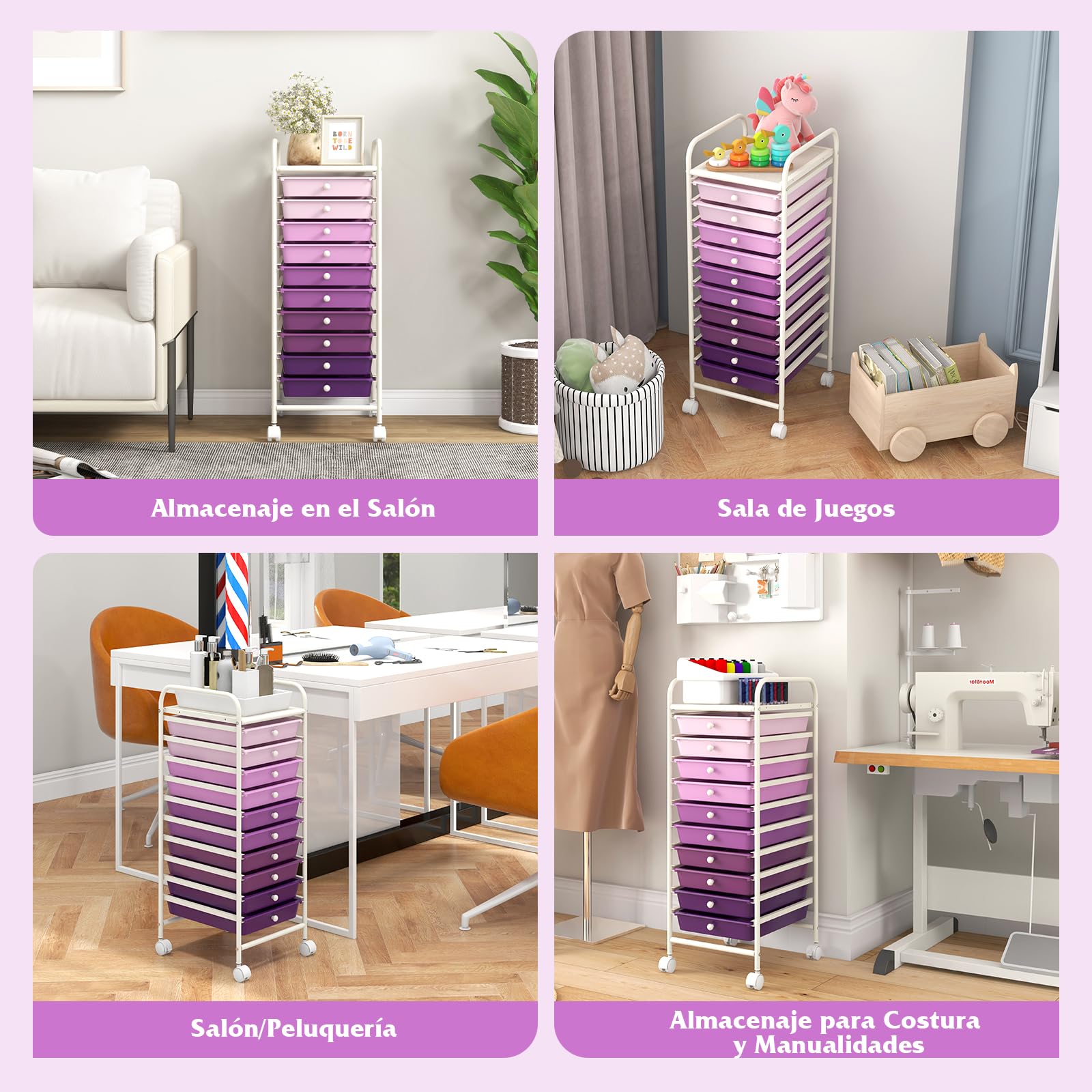 GOPLUS Carrito Auxiliar con 4 Ruedas, Carro de Servicios con 10 Cajones, 2 Ruedas con Frenos, Carro de Almacenamiento de Estructura Metálica para Cocina Oficina Baño (Violeta)
