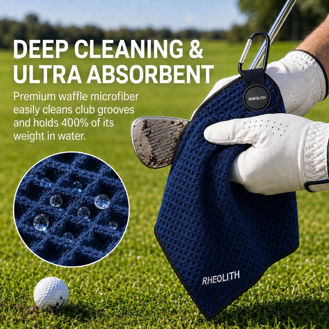 Magnetic Golf Towel 18"x18", N52 Magnet Waffle Microfiber | Includes Carabiner Clip, Ultra Absorbent & Deep Cleaning, Attaches Easily to Carts, Irons or Golf Bags for Men & Women