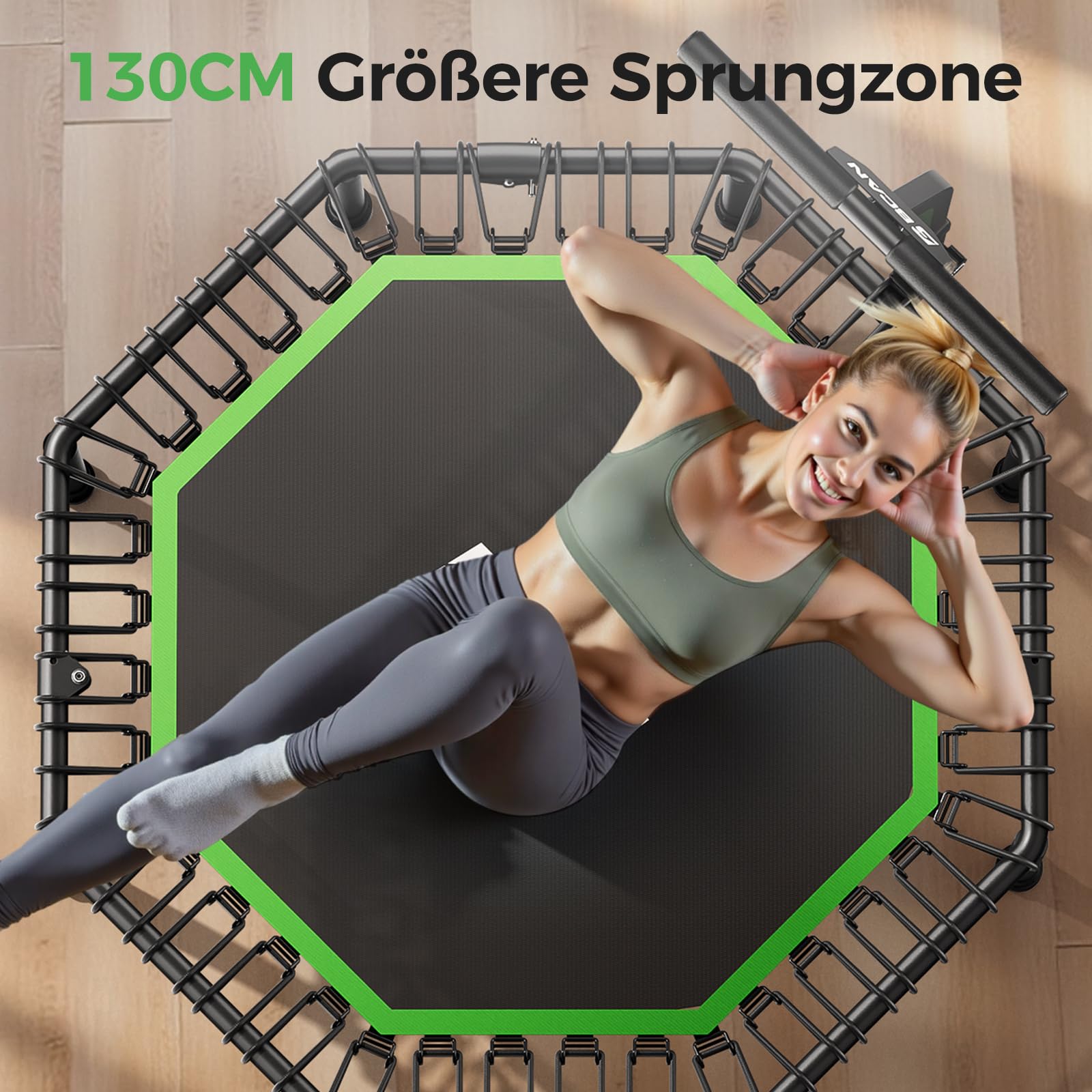 BCAN Achteckiges Indoor-Fitness-Trampolin, 130cm, Trampolin für Erwachsene bis 205 kg, mit verstellbarem T-Griff und großer Sprungfläche, stoßdämpfend und geräuscharm
