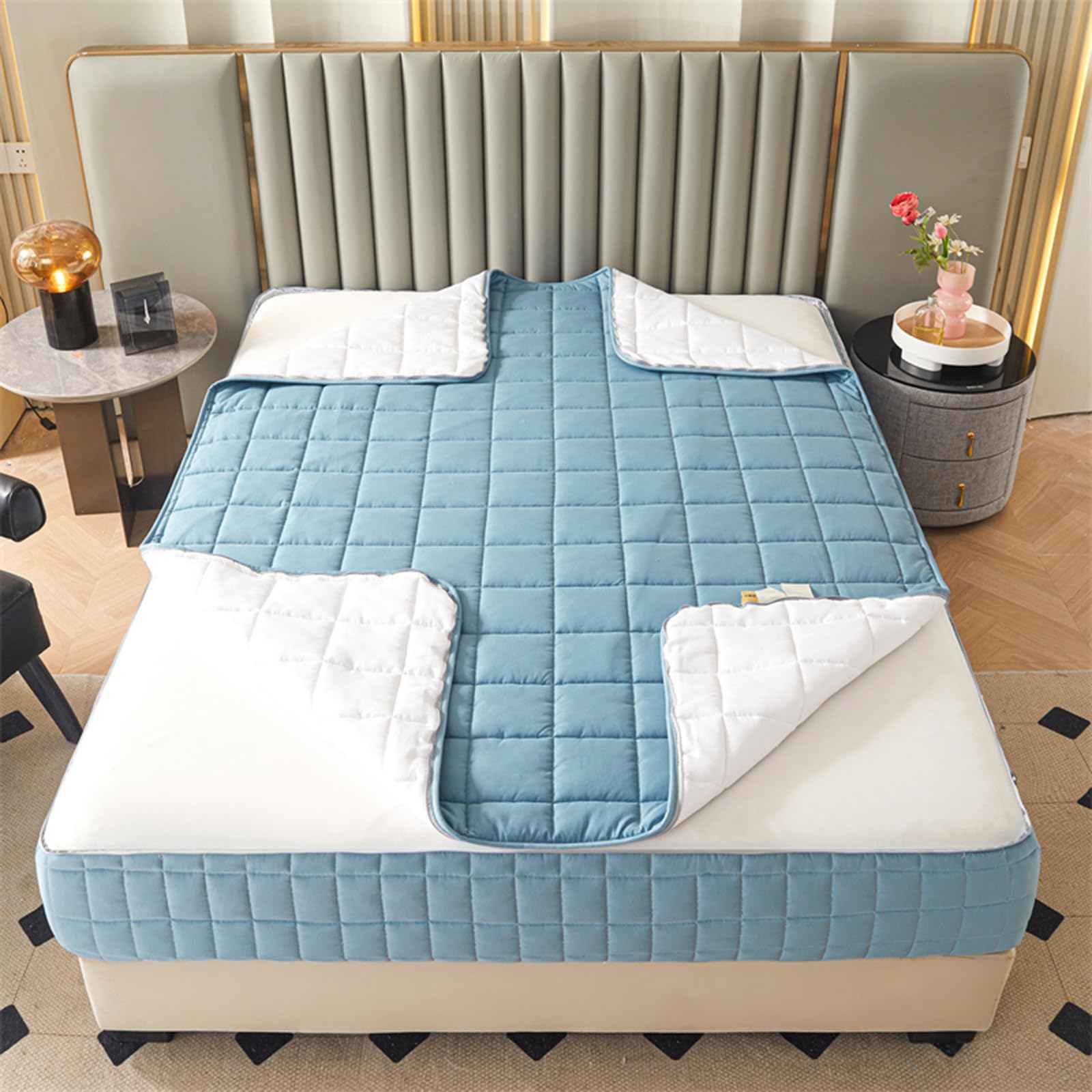 Double Mattress Cover Zipped 90x190/200 Customizable Mattress Protector Single/King Zip Up Mattress Topper Breathable Five-sided Quilted Mattress Encasement Washable Fitted Sheet(140x190+5cm,Blue B)