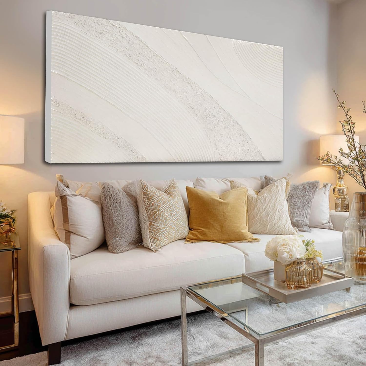 Beige Pictures Wall Decor Modern Abstract Wall Art Framed Canvas Painting Textured Artwork for Living Room Bedroom Office 24x48 Inch