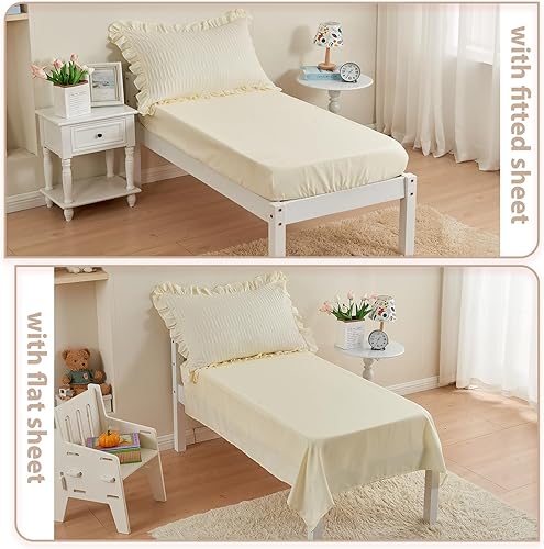 Miniatura 4 de Juego de ropa de cama de 4 piezas con textura de sirsaca para niñas, juego de sábanas para cuna, color beige, con volantes, ropa de cama suave y