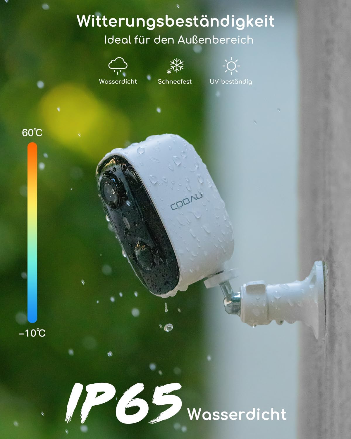 COOAU camera mounted outdoors in the rain, demonstrating IP65 weather resistance