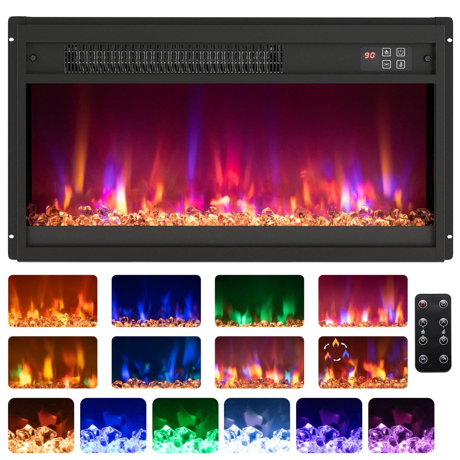 COSTWAY 24โ/60cm Electric Fireplace, Recessed Freestanding Fire Heater with 8 Flame Color, 3 Brightness, Thermostat, Timer, Remote Control & Overheat Protection (24โ, 1500W-1600W, with Crystals)