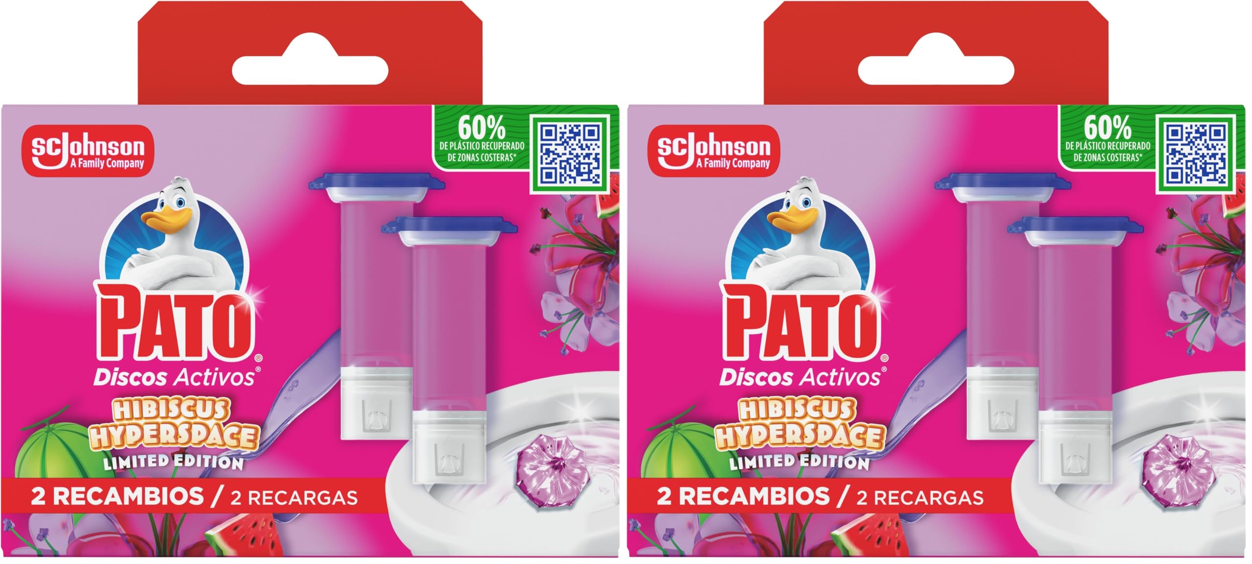 Pato Discos Activos WC Edición Limitada Hibiscus Hyperspace, Limpia, Refresca y Perfuma el Inodoro, Eficacia 360°, 2 Recambios : 12 discos (Paquete de 2) en oferta en Amazon