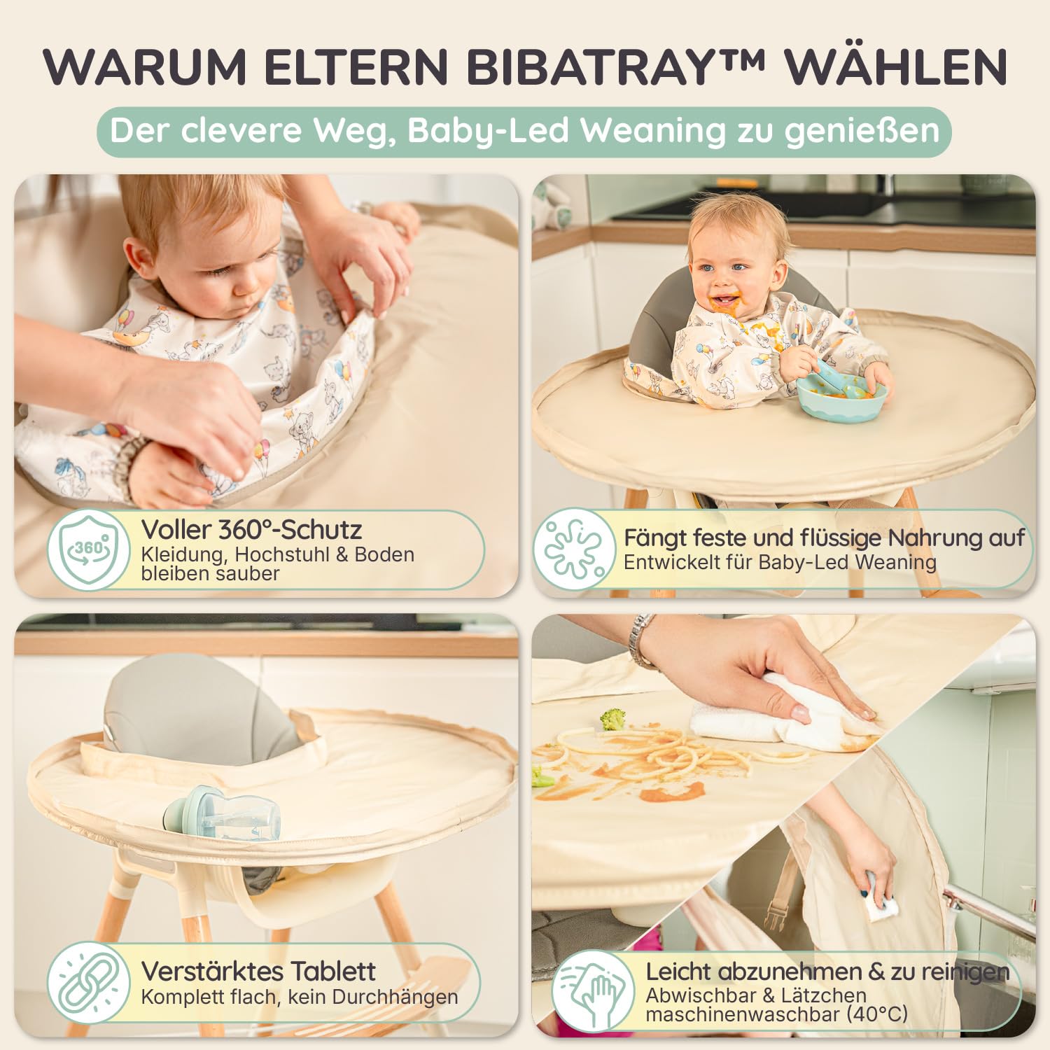 BIBATRAY™ M – Ärmellätzchen-Set & Auffangschale für Breifrei/BLW – Wasserdicht & Abwaschbar – Universeller Hochstuhl-Schutz (Kompatibel mit IKEA Antilop) – Inkl. Tasche – 6+ Monate