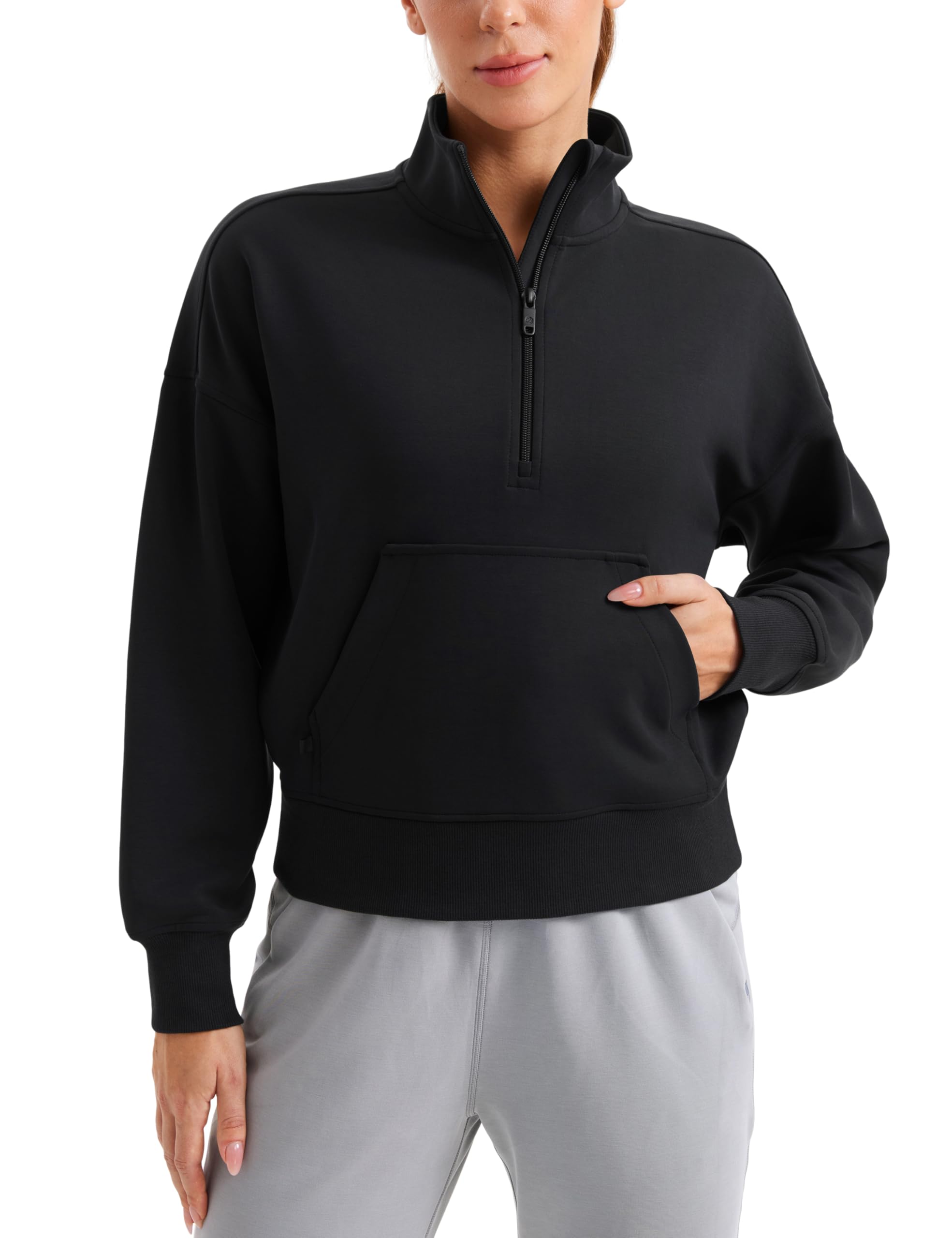 CRZ YOGA Women's SoftAura Half Zip Sweatshirt Long Sleeve Quarter Pullover Tops Workout Casual Funnel Neck Sweatshirts with Pocket Black 12