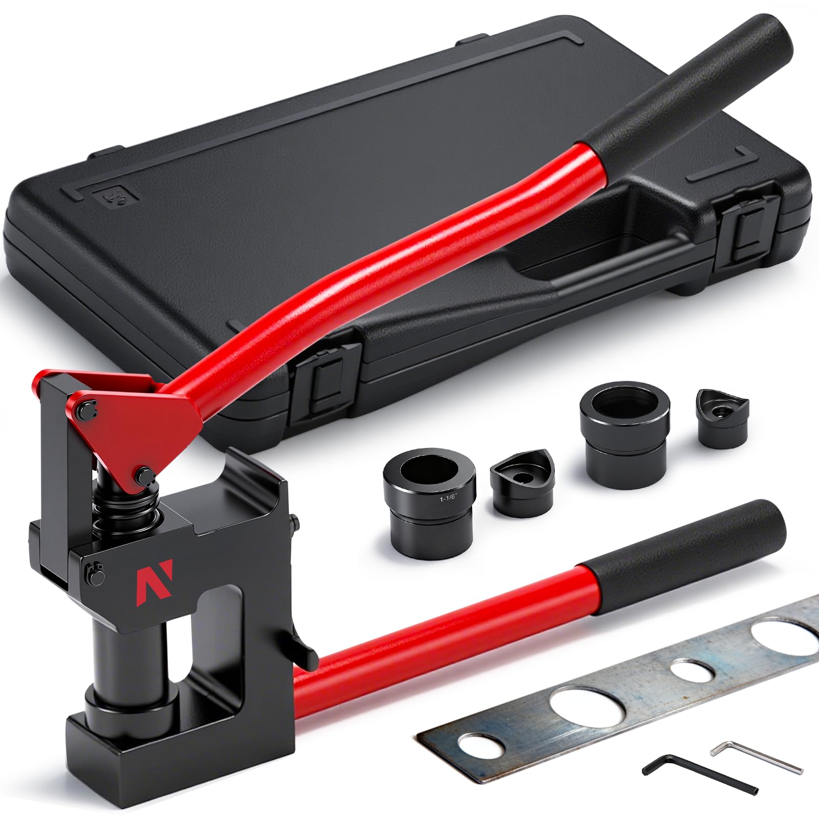 newtry metal stud punch set with 7/8", 1-1/8", 1-11/32" dies, 20ga punch capacity manual lever sheet metal stud punch for conduit installation, cabinet fabrication & hvac