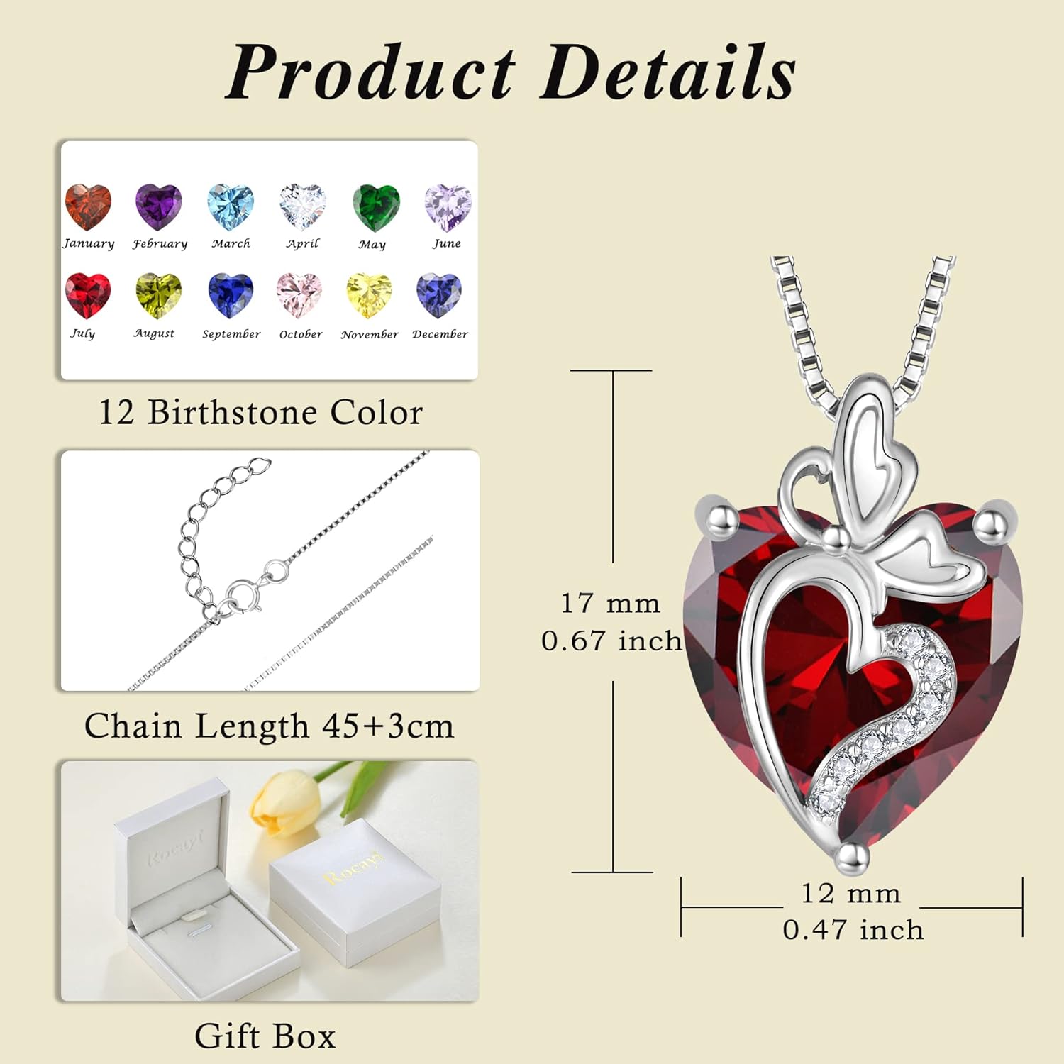 Butterfly Necklace for Women 925 Sterling Silver Birthstone Love Heart Necklace Dainty Jewelry Gifts for Women Wife Girlfriend Mother Daughter Her - Image 6
