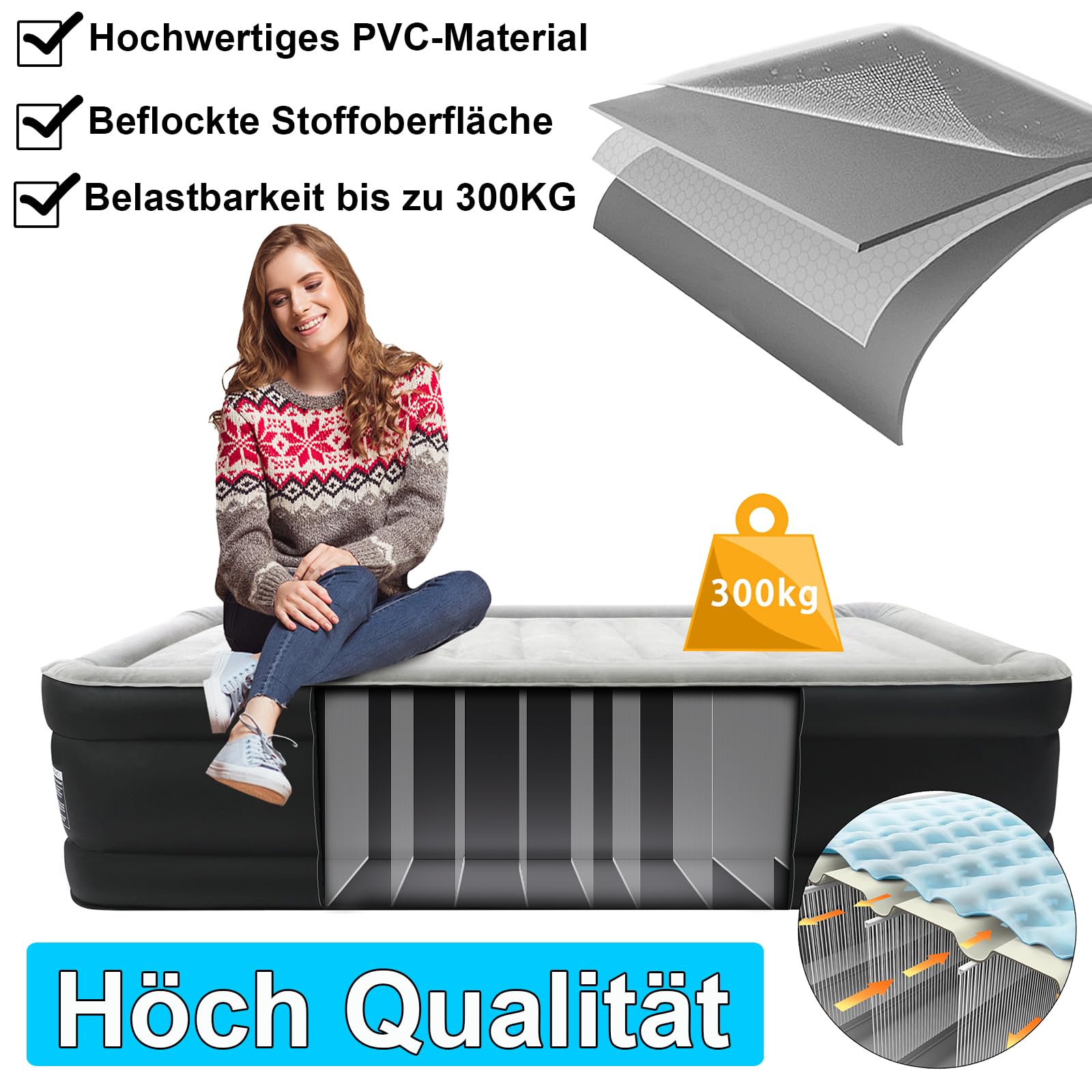 UISEBRT Colchón hinchable de PVC para 1 persona, 187 x 90 x 46 cm, colchón de aire autoinflable con bomba eléctrica, cama de invitados, máx. 300 kg, para camping o uso doméstico