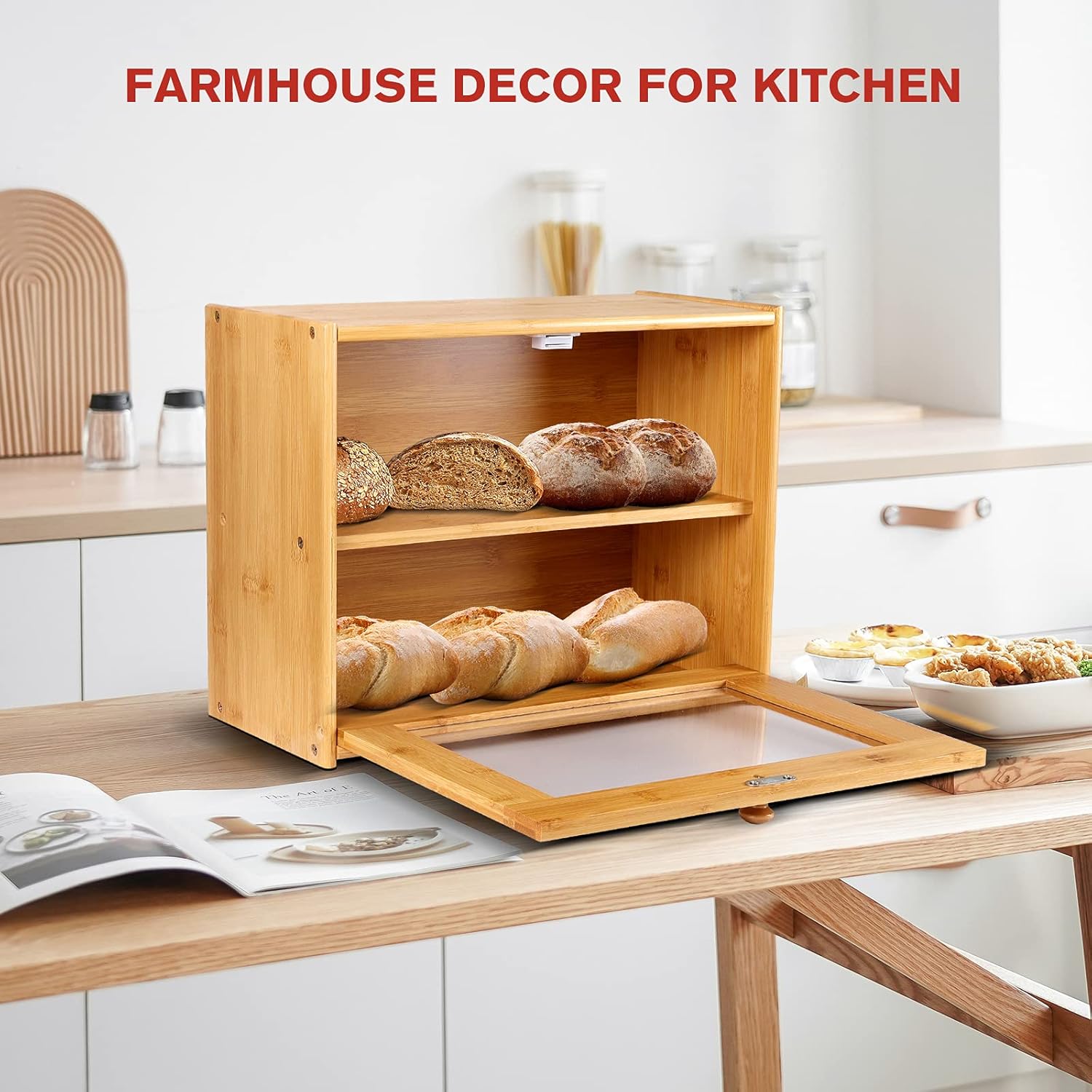 Bamboo Large Bread Box for Kitchen Countertop,2 Layer Bread Storage Container with Window,Farmhouse Kitchen Decor for Kitchen Counter,Wood Storage Box, Bread Holder To Keep Baking Fresh,No Assembly: Home & Kitchen