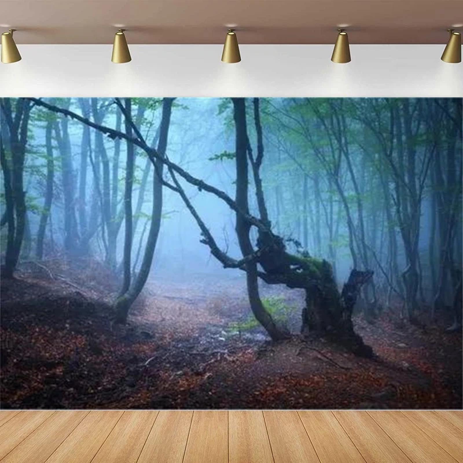 Mgliste tło fotograficzne, opadłe liście, atmosfera terroru, tajemnicze lasy, impreza halloweenowa, tło do sesji zdjęciowej 440 x 300 cm