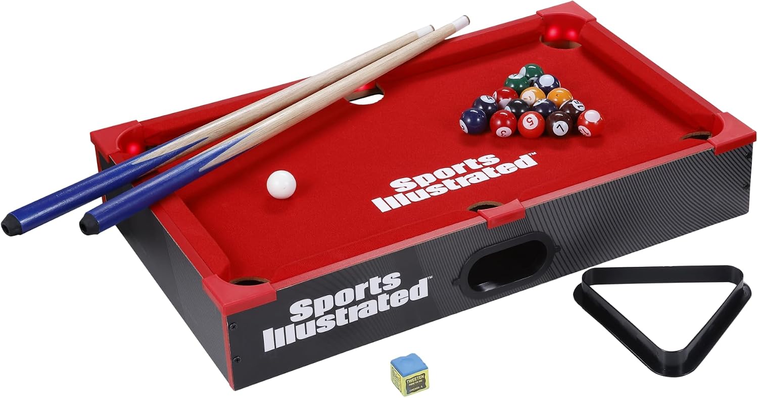 Light Up Tabletop Billiards Game, Portable LED Mini Pool Table Set with Compact Design, Cues, Balls and Accessories Included for Kids and Family Game Night