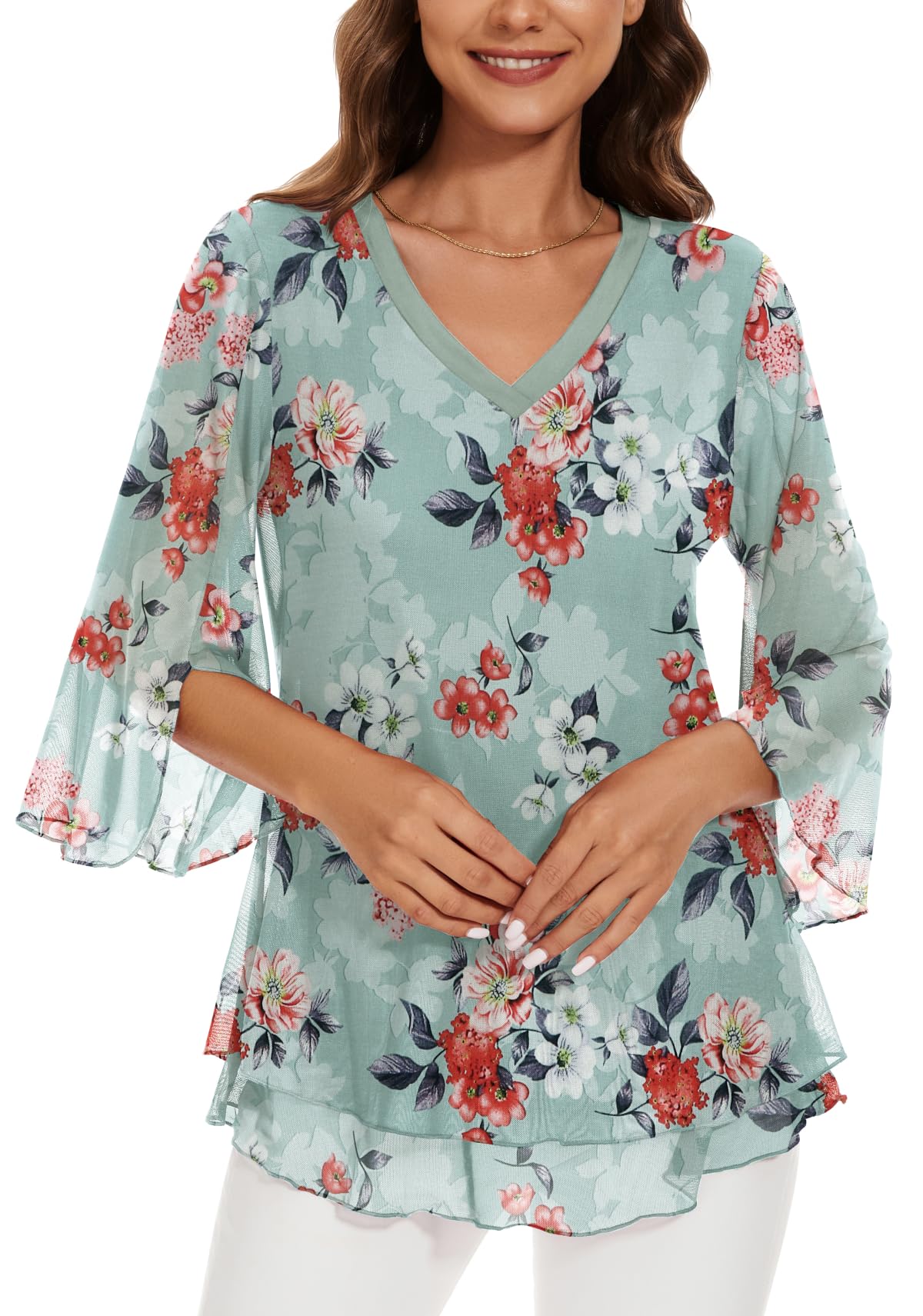 Actcat Damen Bluse Elegant 3/4 arm V-Ausschnitt Mesh Festliche Oberteil Blumen Doppellagige Tunika