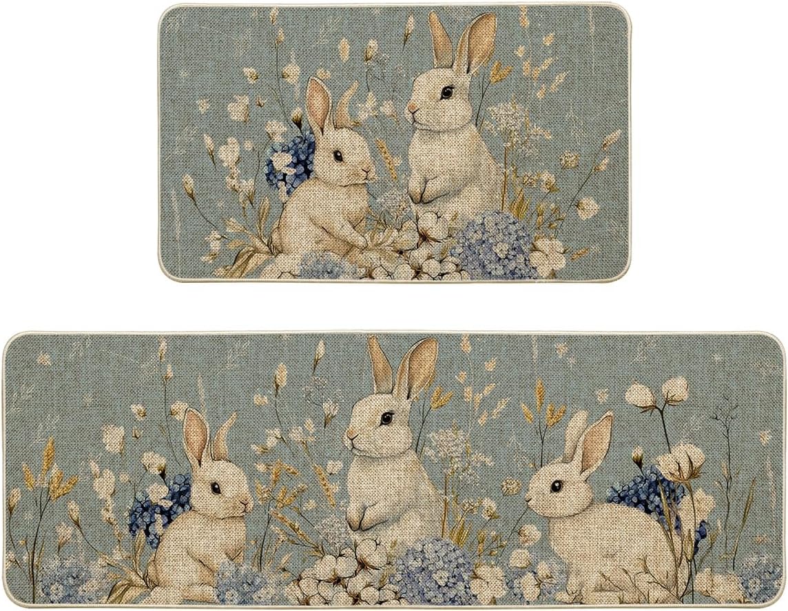 Artoid Mode Rabbit Flowers Bunny Easter Kitchen Mats Set of 2, Spring Home Decor Low-Profile Kitchen Rugs for Floor - 17x29 and 17x47 Inch