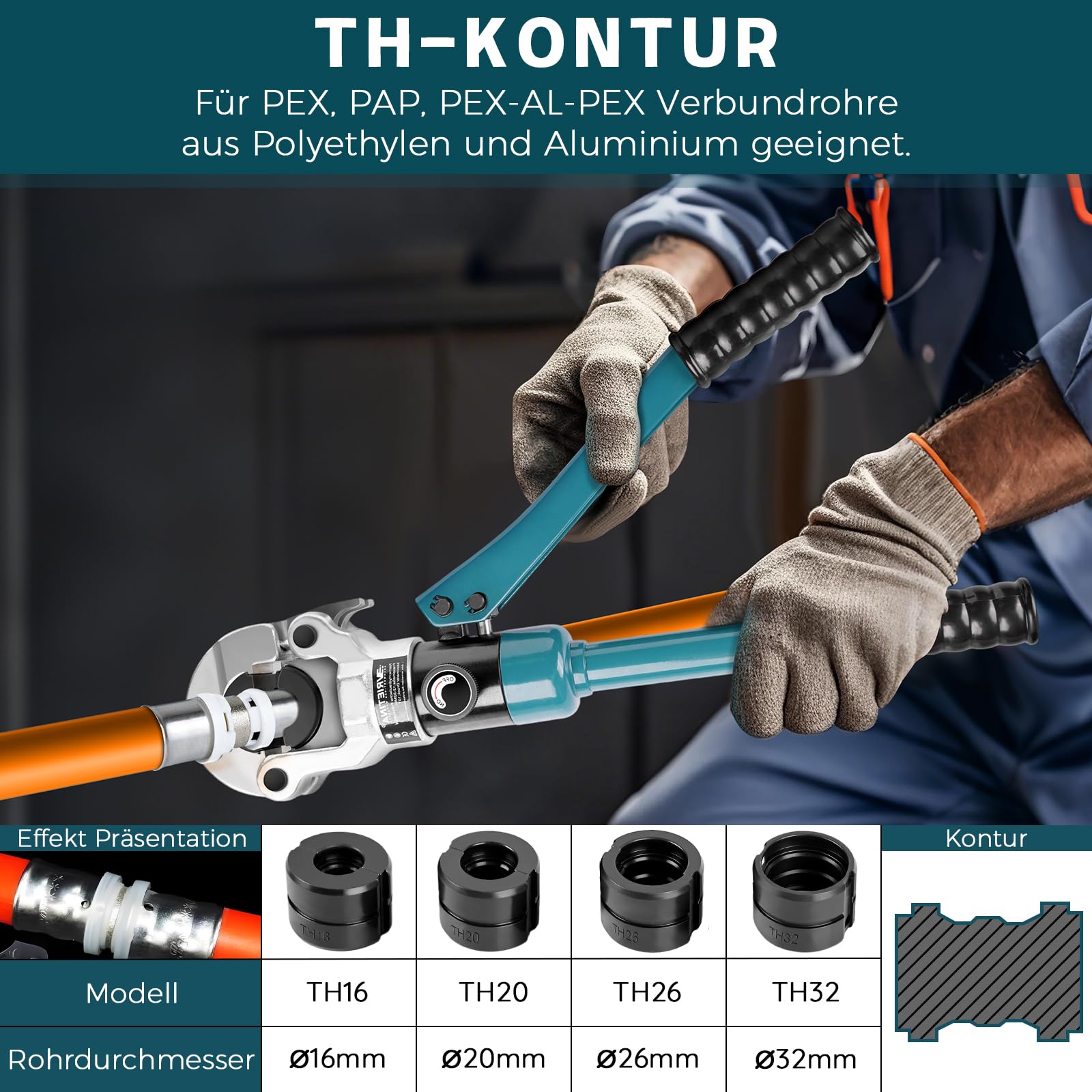 Profi Presszange Kupferrohr V-Kontur und TH-Kontur mit Rohrabschneider und Entgrater, Handpresszange Kupferrohr Presszange Verbundrohr mit V12 V15 V18 V22 V28 Und TH16 TH20 TH26 TH32, Blau