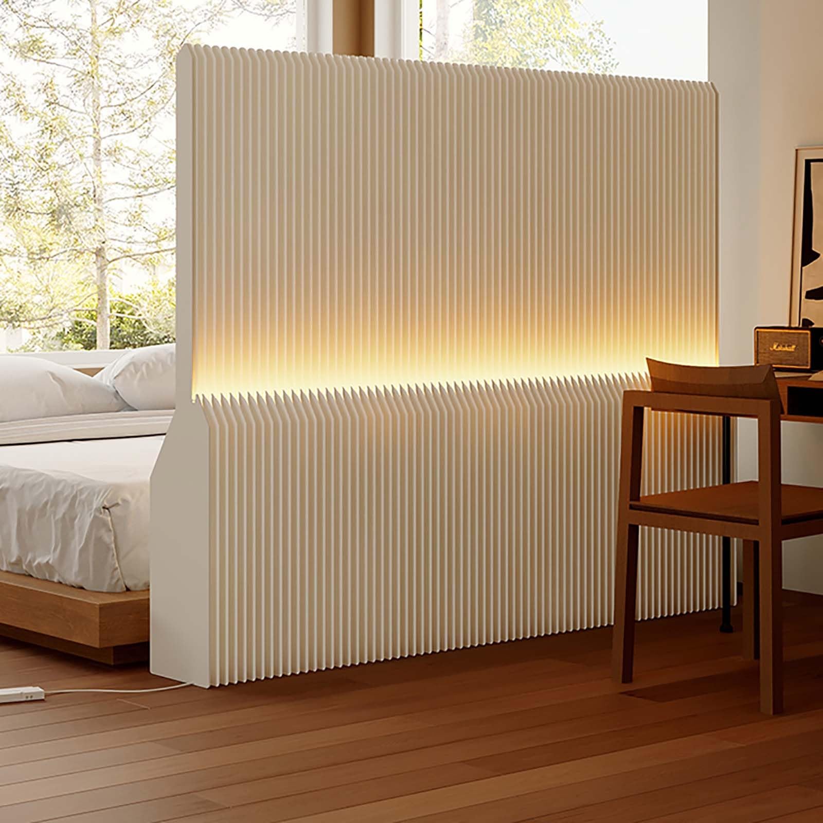 Pantallas de privacidad plegables con estantes de almacenamiento, pantalla de privacidad plegable de papel para interiores con iluminación, divisor de habitación retráctil de papel para separación de
