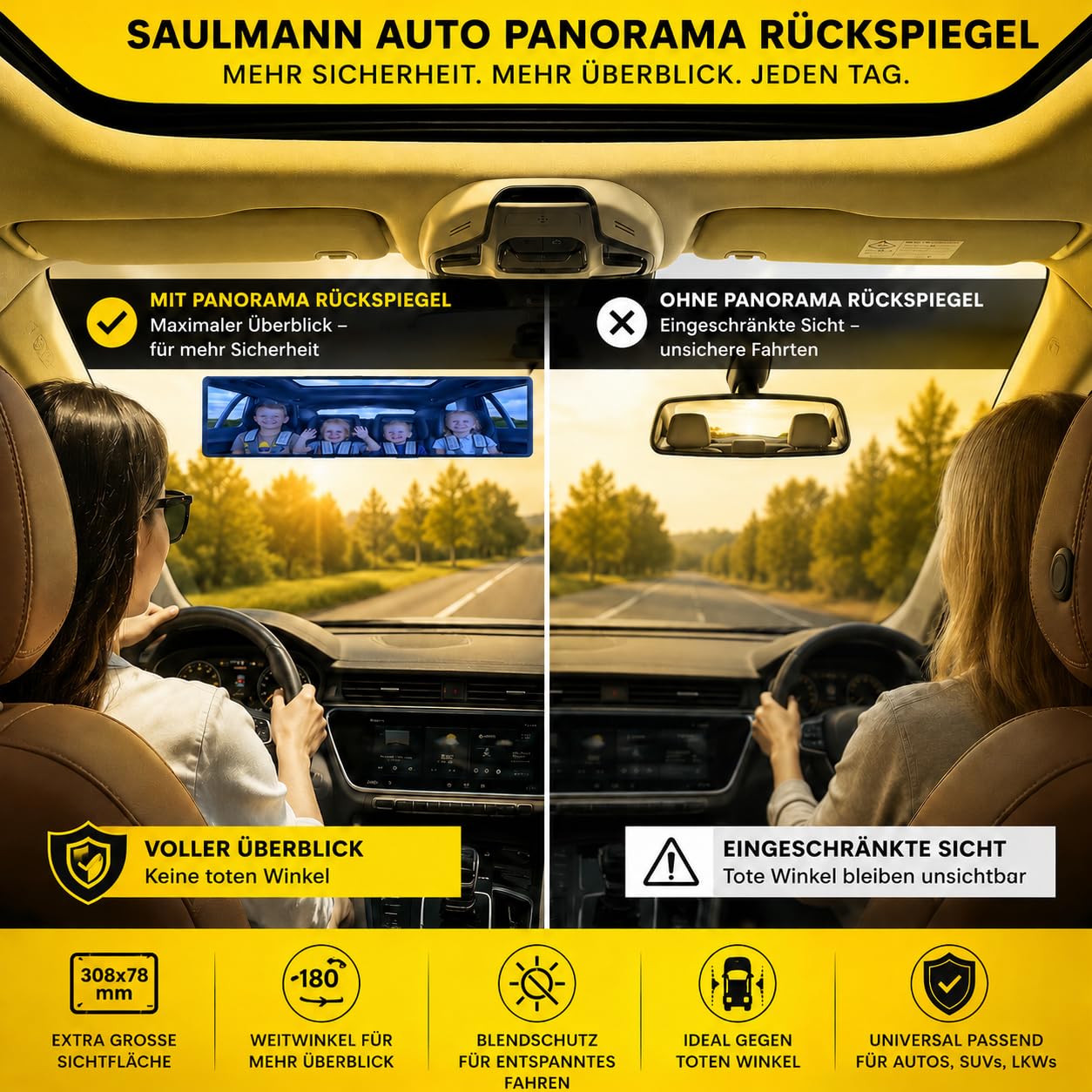 SAULMANN Rétroviseur panoramique pour voiture - Grand angle - 308 x 78 mm - Universel à clipser - Protection contre l'éblouissement - Bonne solution pour les angles morts - Pour voitures, SUV, camions