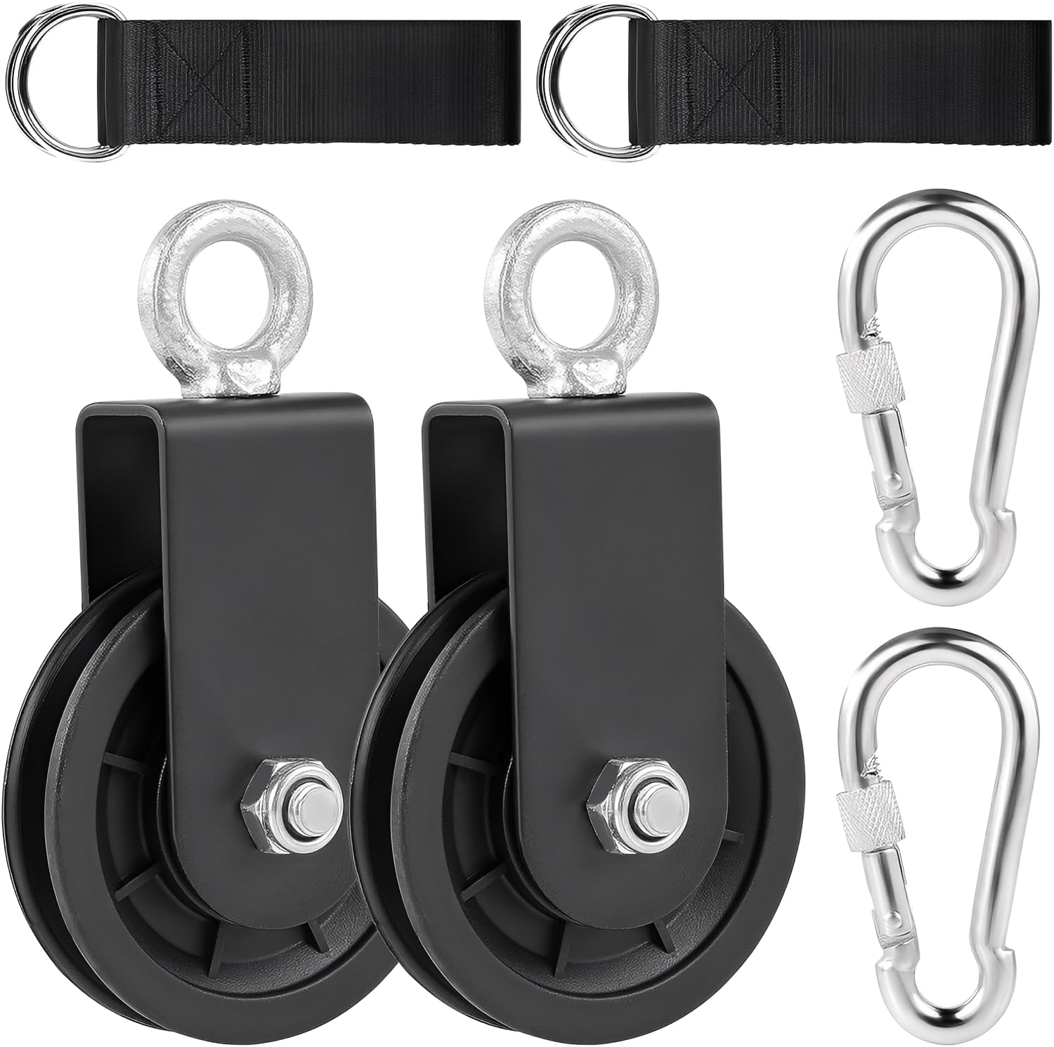 JITIFAZH 90mm Pulley System with Hanging Strap Carabiner, Gym Cable Pulley System, for DIY Home LAT Pulldown, Gym Equipment and Lift Cable Machine, Load 150 kg (2Sets-Black)