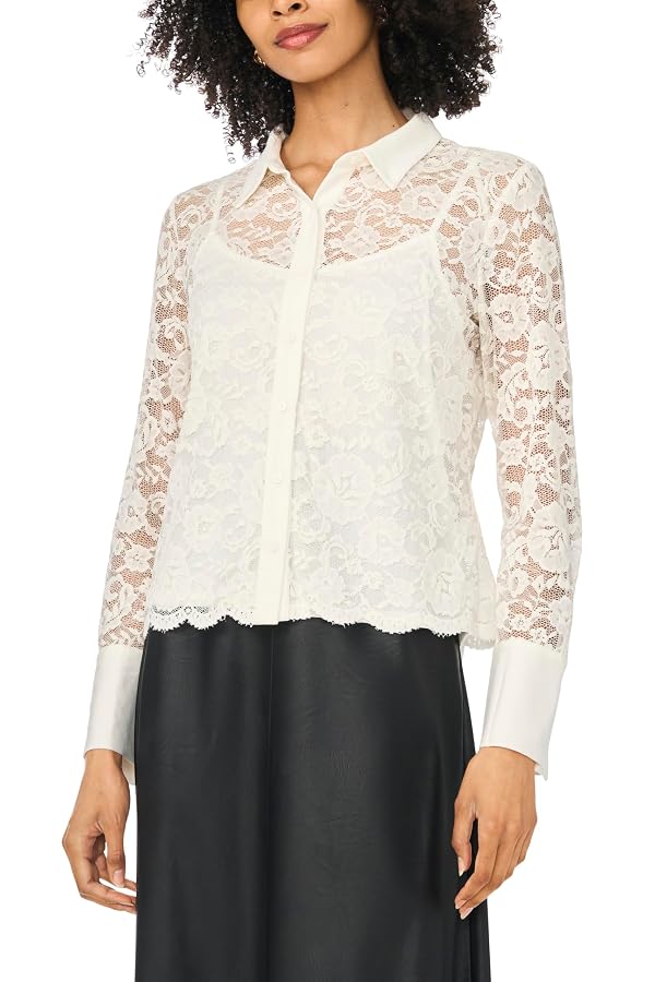 Lace Long Sleeve Collared Button Down Knit Blouse by Vince Camuto - Used condition - US$83.79