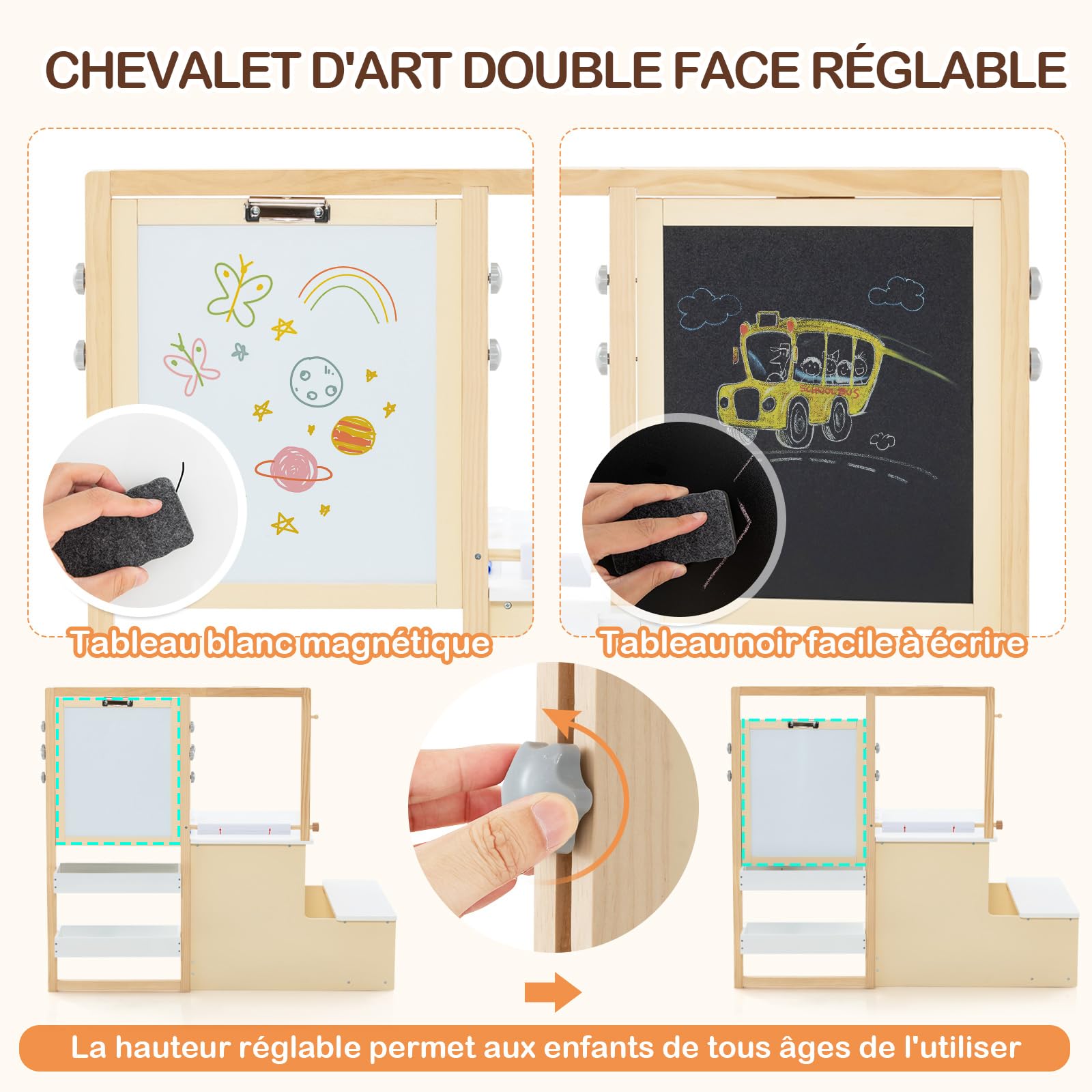 COSTWAY Bureau Enfants 2 en 1 Bois avec Banc & Etagères, Tableau Double Face Réglable avec Rouleau Papier & Craies, Table Dessin 3 Ans+ 50kg Blanc