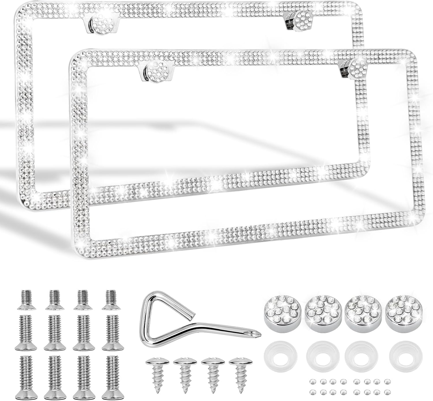 Bling License Plate Frames, 2 Pack Premium Stainless Steel Rhinestone License Plate Holder for Women, Obstruction-Free Sparkly Car Tag Cover with Glitter Crystal Caps (White)