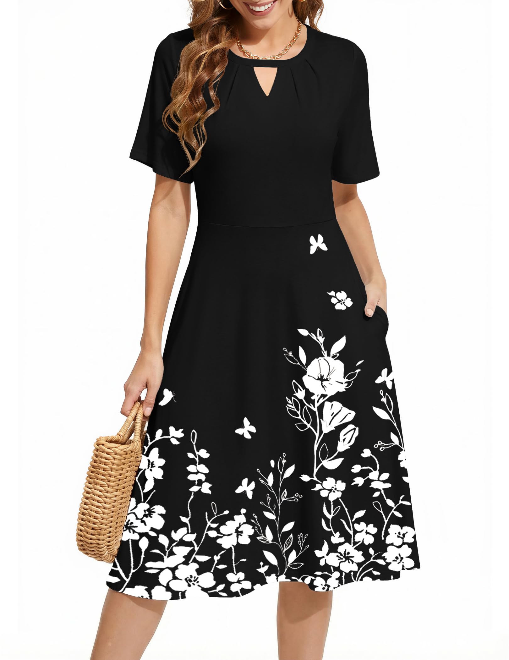 Zeagoo Kleid Damen Kleider Kurzarm Sommer Kleid Elegant Rundhals Strandkleid Blumen A-Linie Hohe Taille Freizeitkleid mit Taschen Blume Schwarz XL