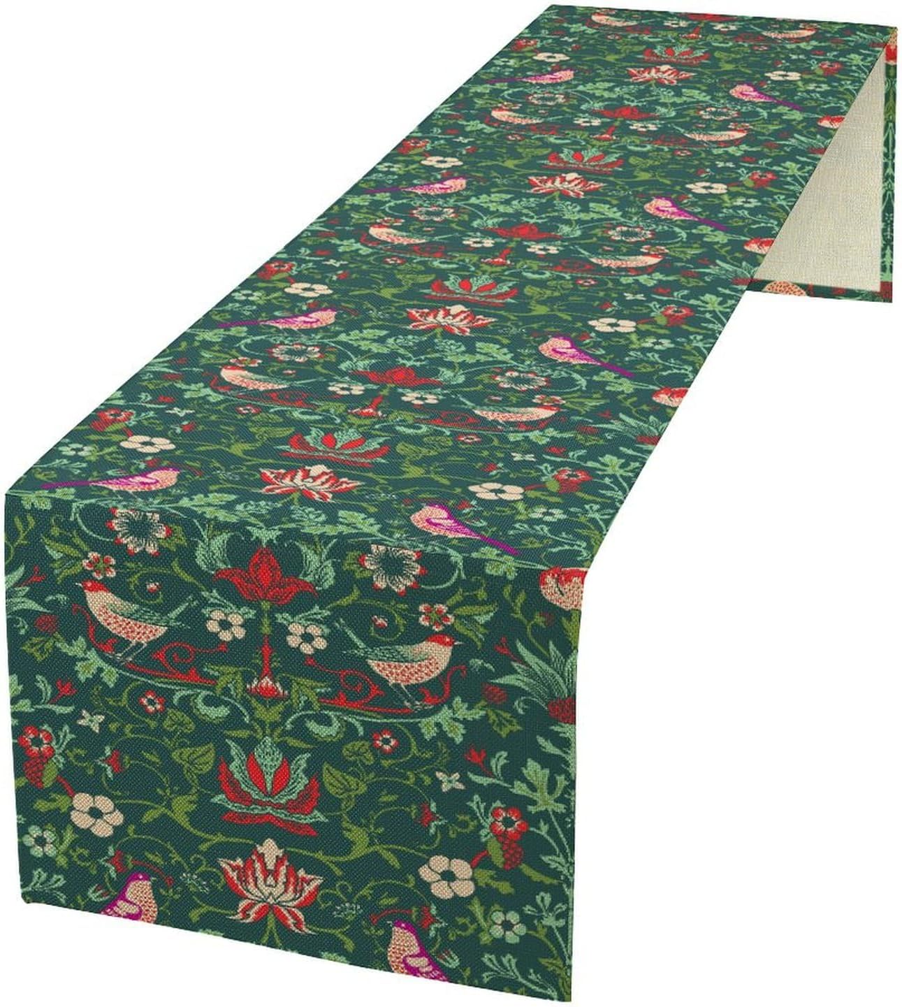 William Morris Table Runner,Bird Floral Pattern Vintage Floral Table Runner for Coffee Table Dining Room Table Bedroom Party Holiday Decor 13x120inch