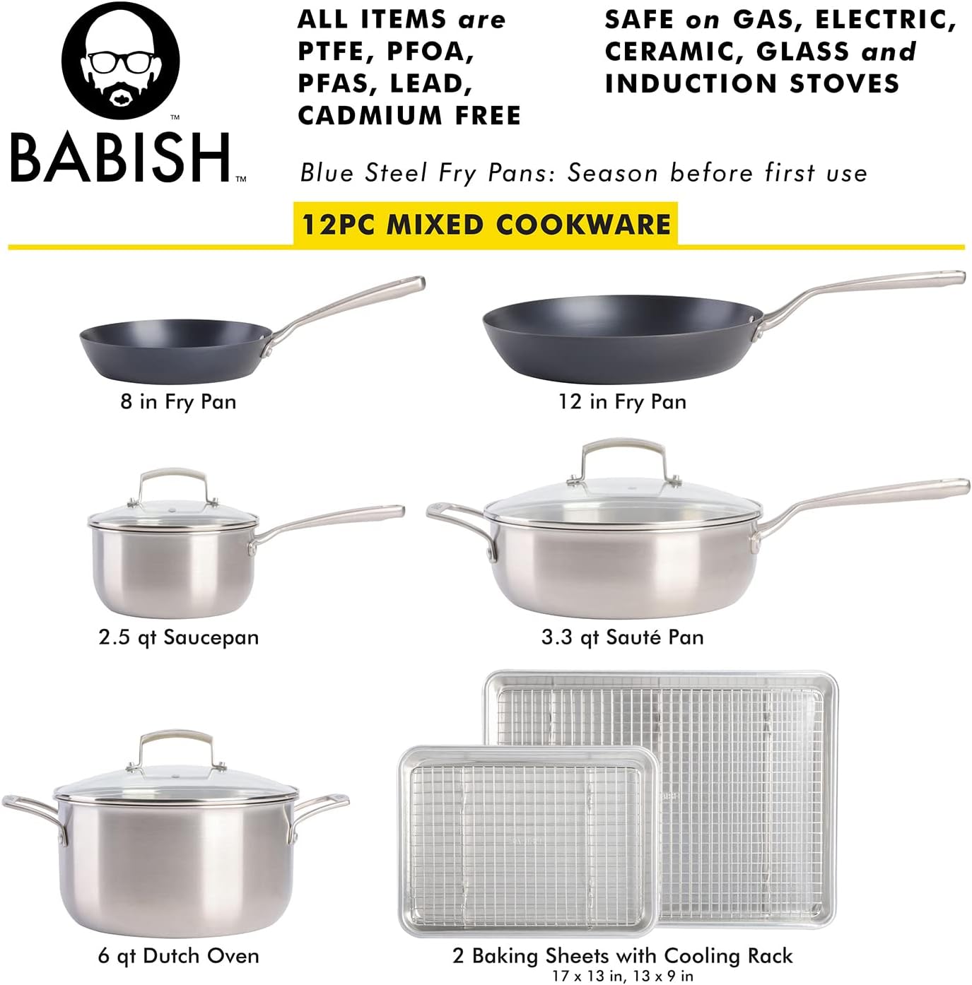 Babish 12-Piece Mixed Material (Stainless Steel, Carbon Steel, & Aluminum) Professional Grade Cookware Set W/Baking Sheets