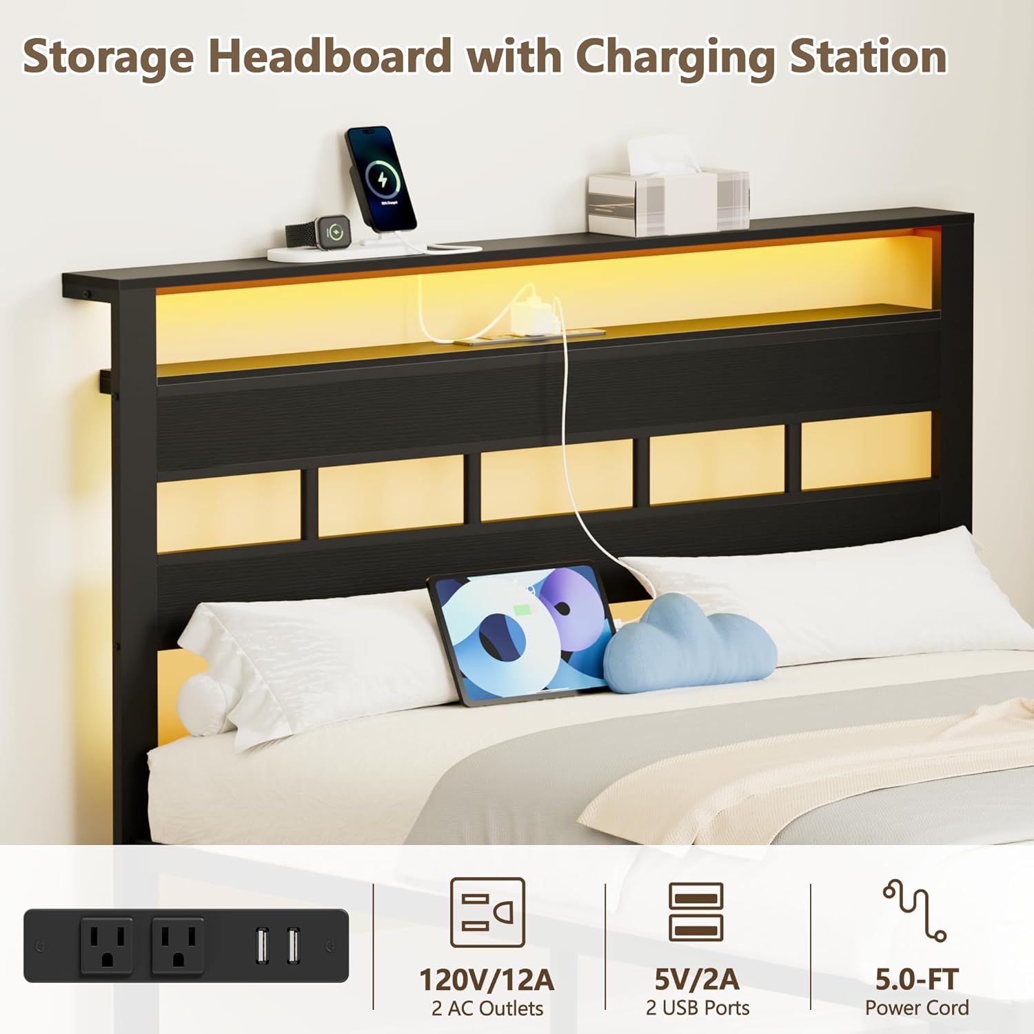 Furnulem Full Size Bed Frame with LED Light and Charging Station, Wood Storage Headboard with 2-Tier Shelves, Metal Platform Bed with Heavy Duty Slats Support, No Box Spring Needed, Black Oak - Image 7