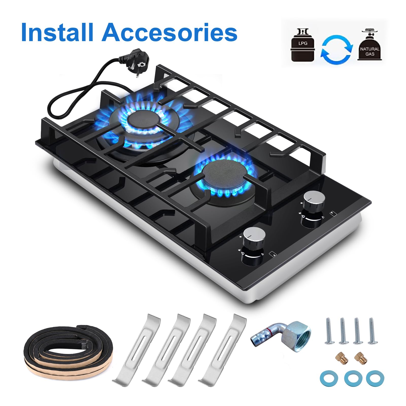 TopStrong Placa de Gas de 2 Fuegos, 30 cm Vidrio Negro, Con Soportes de Hierro Fundido, Natural/Propano Convertible, Encimera Con Protección Contra Llama