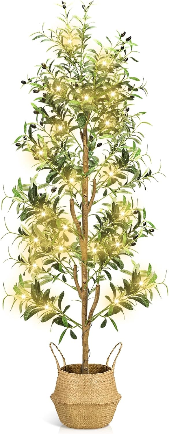 TNELTUEB Faux Olive Tree 6FT - Indoor Tall Artificial Olive Trees with Planter & Basket and Lights, Artificial Plants with Natural Wood Trunk and Realistic Fruits for Home Living Room Office Decor