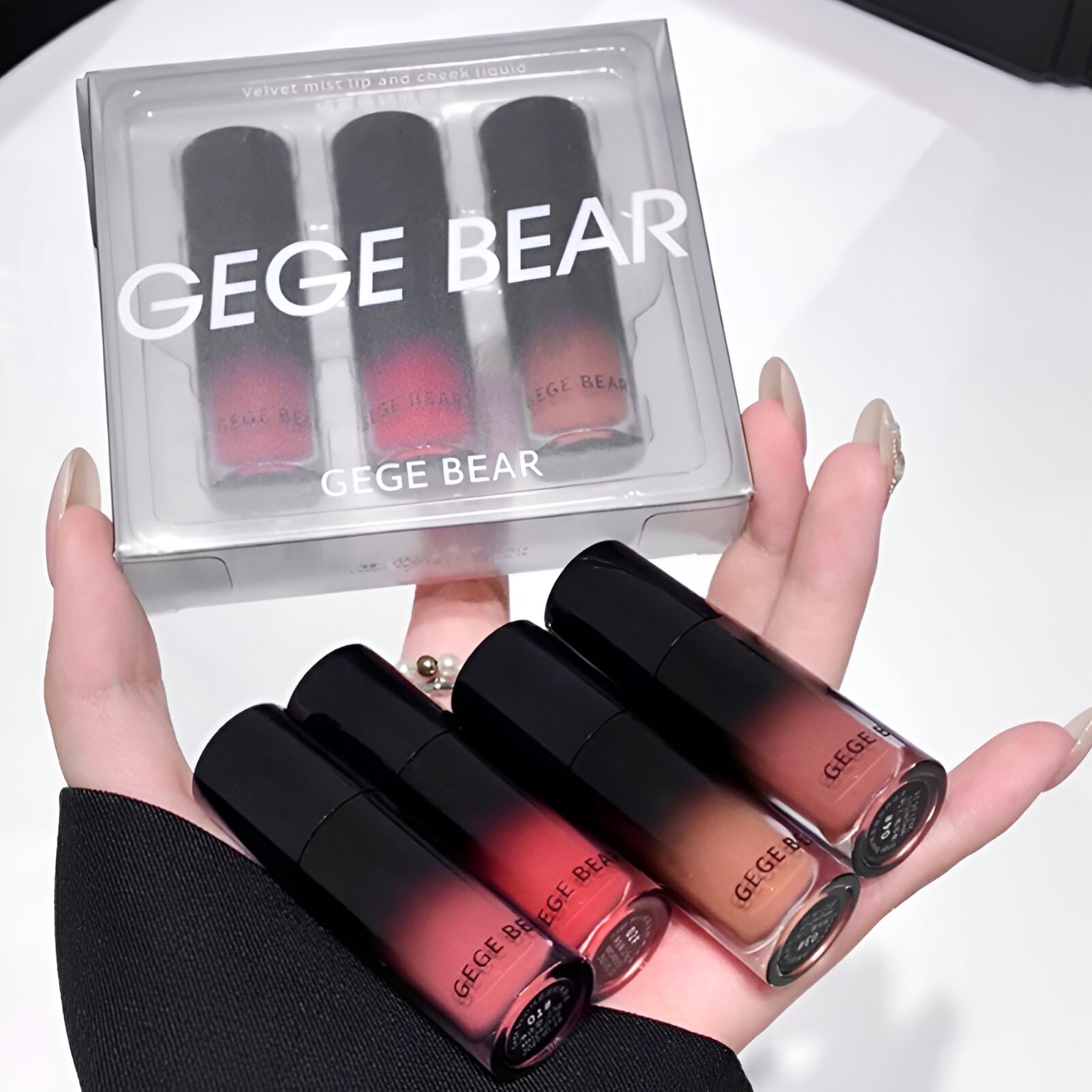 Gege Bear Velvet Lips and Cheek Tint | Buildable Lightweight Color with a Blurring Soft-Fog Effect | Dual-Use Soft Matte Liquid Blush & Lip Tint | Gradient Design Pigmented Formula | (SET A ( Shades 01, 02 & 03 ), 2.5g)-image-12