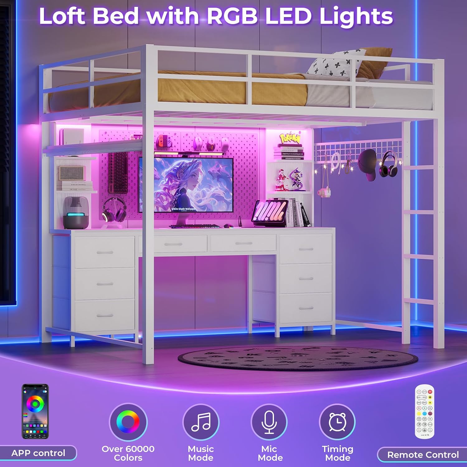 Loft bed with RGB LED lights and remote/app control options