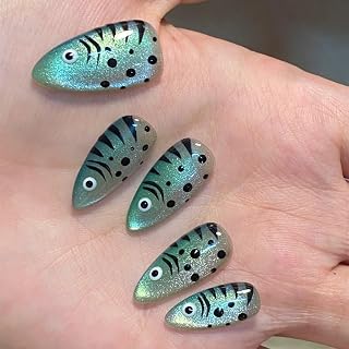Fish Press on Nails Medium Almond Fake Nails Cute Light Green Fish Full Cover Acrylic False Nails Shiny Funny Artificial Stick on Nails Spring Summer Glue on Nails for Women Manicure Decor 24Pcs