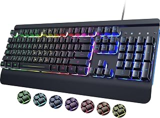 RisoPhy PC419 RGB Gaming Keyboard, 7 Single Color Backlits, 104 Keys Metal Panel, Silent Keys, Wrist Rest, Full Size Waterproof Light Up for PC Laptop Mac Gamer - Amazon product rated Grade A