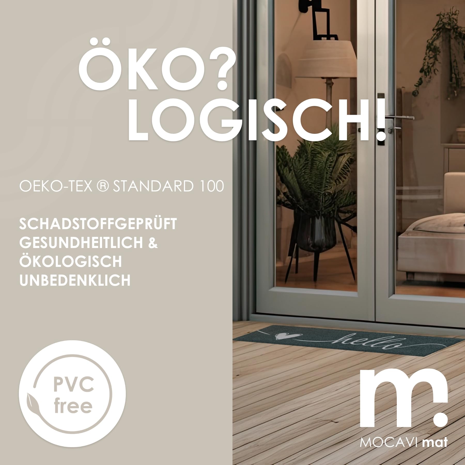 MOCAVI Mat Fußmatte Schuhparkplatz 30x100 cm waschbar Hello Herz Schuh-Teppich lang, schmal, Schuhe ausziehen, Deko sbereich innen, außen, Matte, Haustür, Stiefelmatte