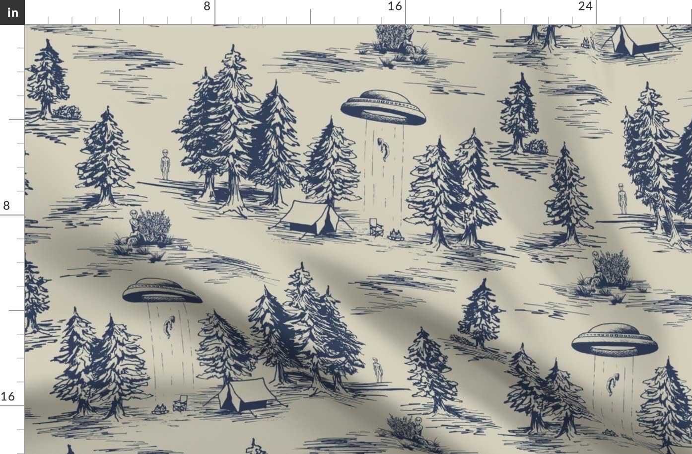 Spoonflower Fabric - Alien Toile Outer Space Camping Tent UFO Abduction Whimsical Printed on Organic Cotton Sateen Fabric by The Yard - Sewing Quilting Apparel Home Decor