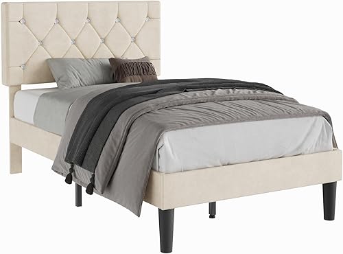 Miniatura 83 de VECELO Base de cama de tamaño individual, plataforma tapizada con cabecera ajustable de diamante, soporte de listones de madera, no necesita somier,