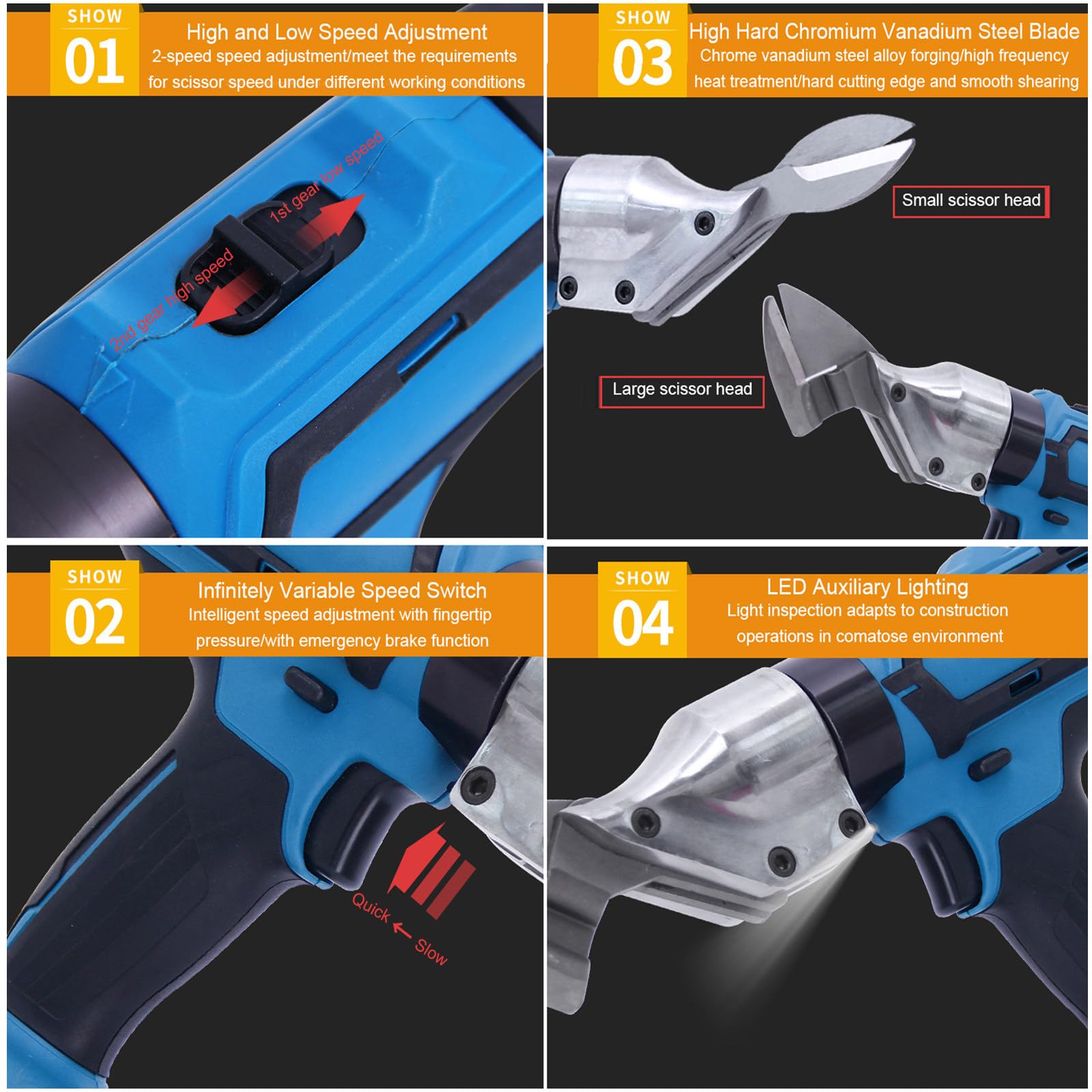 Tijeras Eléctricas para Metal, Tijeras MetáLicas InaláMbricas para Cortar LáMinas, Hierro, Alfombras, Cuero, CartóN con 2 BateríAs Y Estuche De Transporte, 2 Velocidades, Iluminación Led,B