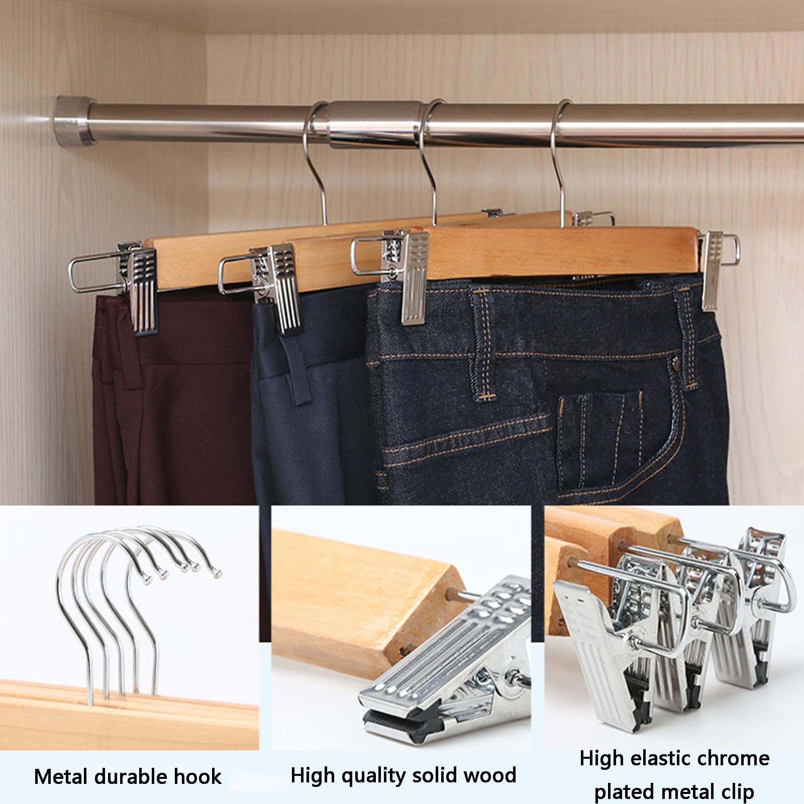 Confezione da 10 grucce per gonne e Pantaloni in Legno massello, gruccia Inferiore per Pantaloni in Legno con 2 Clip Regolabili, Clip in Legno colorato per Pantaloni, Jeans, Pantaloncini